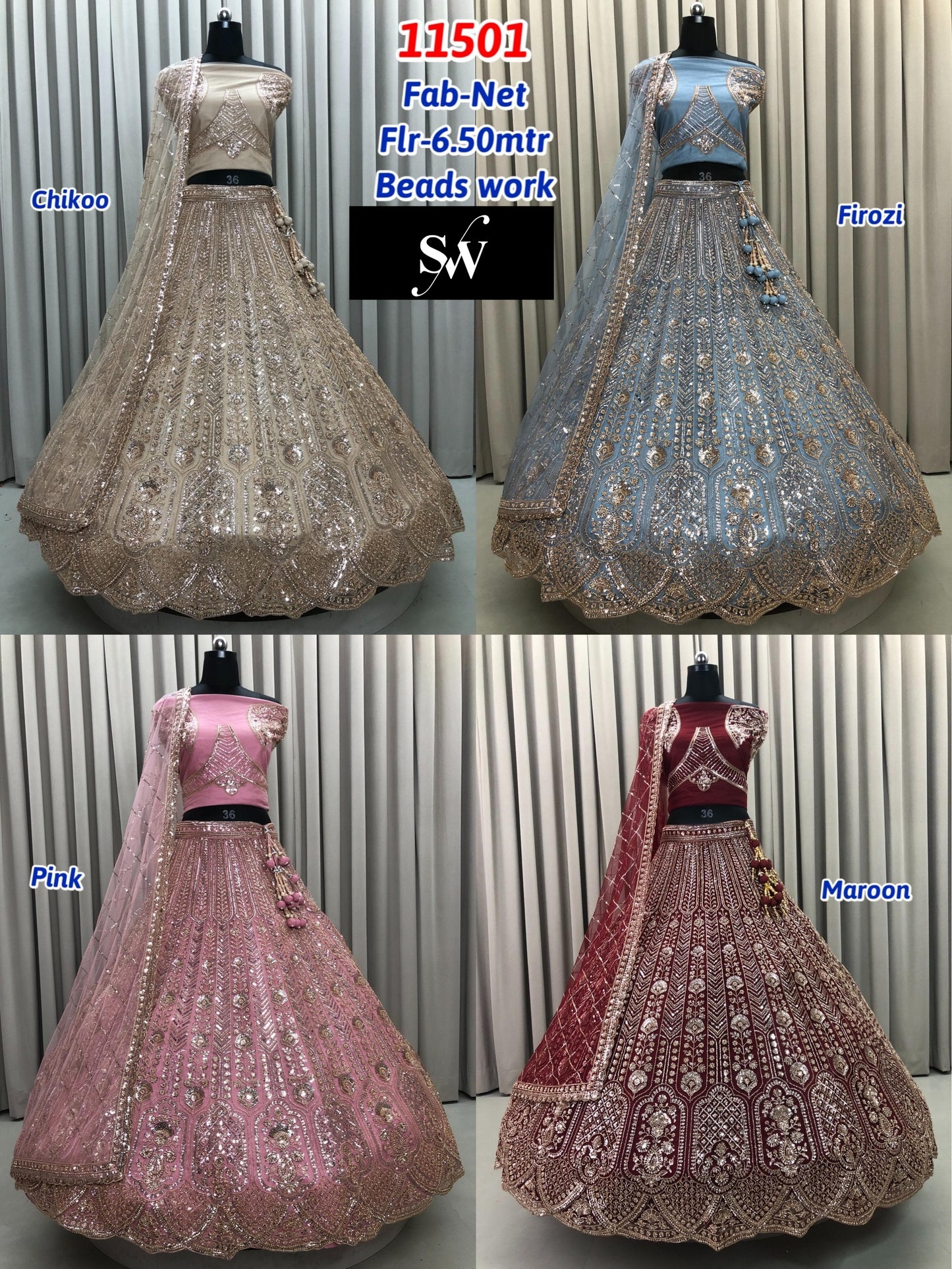 Chiku Golden Firozi Blue Pink Maroon Net Lehenga