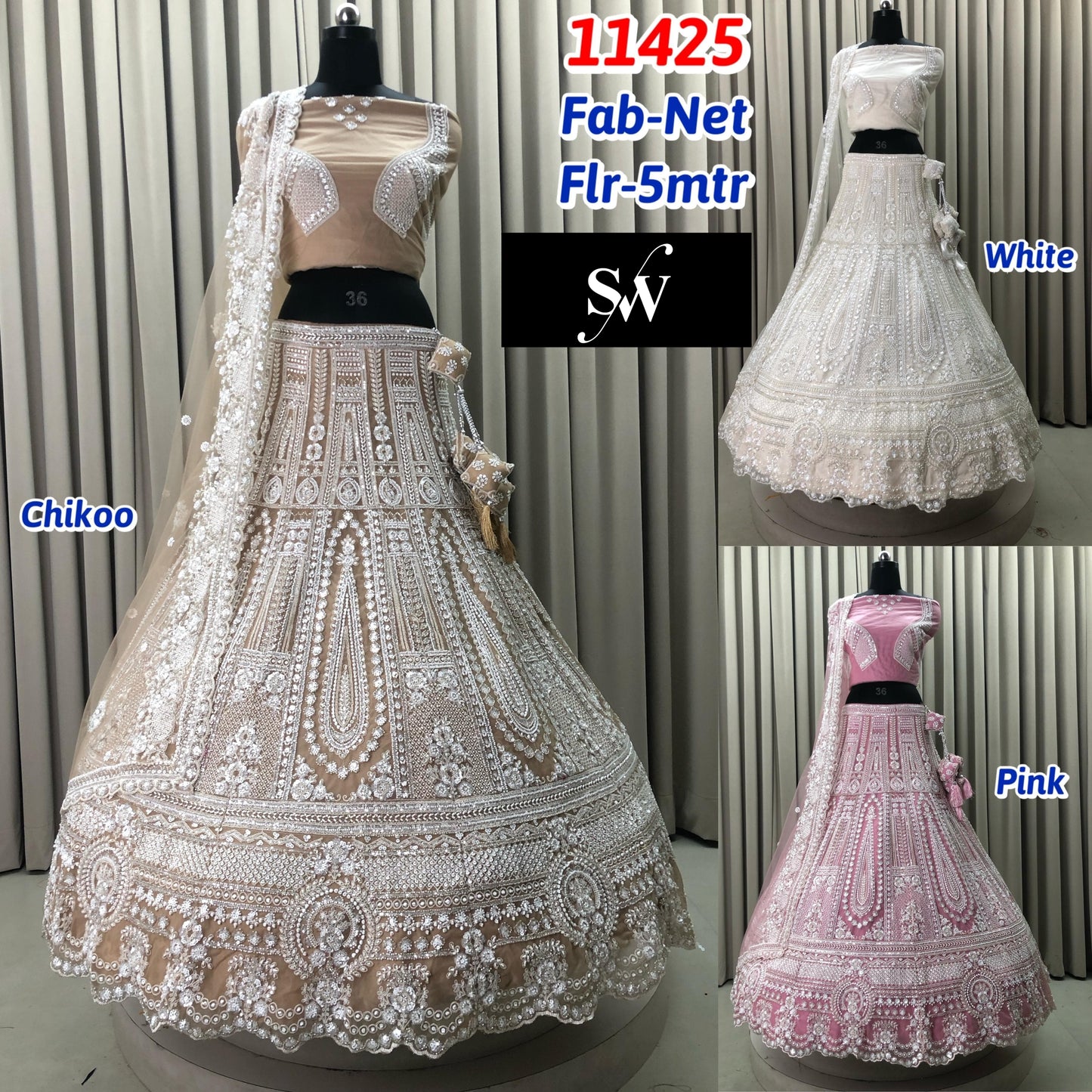 Chiku Golden White Pink Net Lehenga