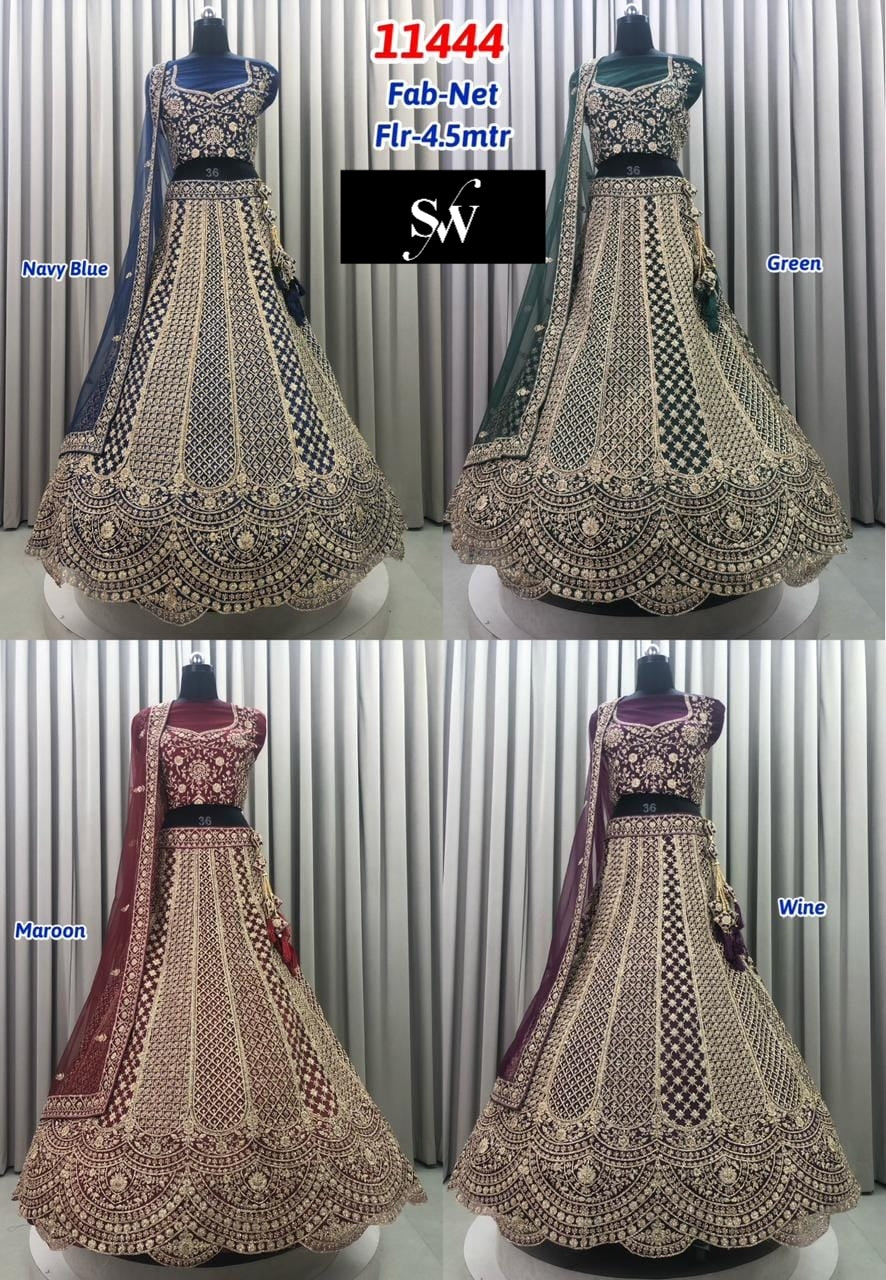 Navy Blue Green Maroon Wine Net Lehenga