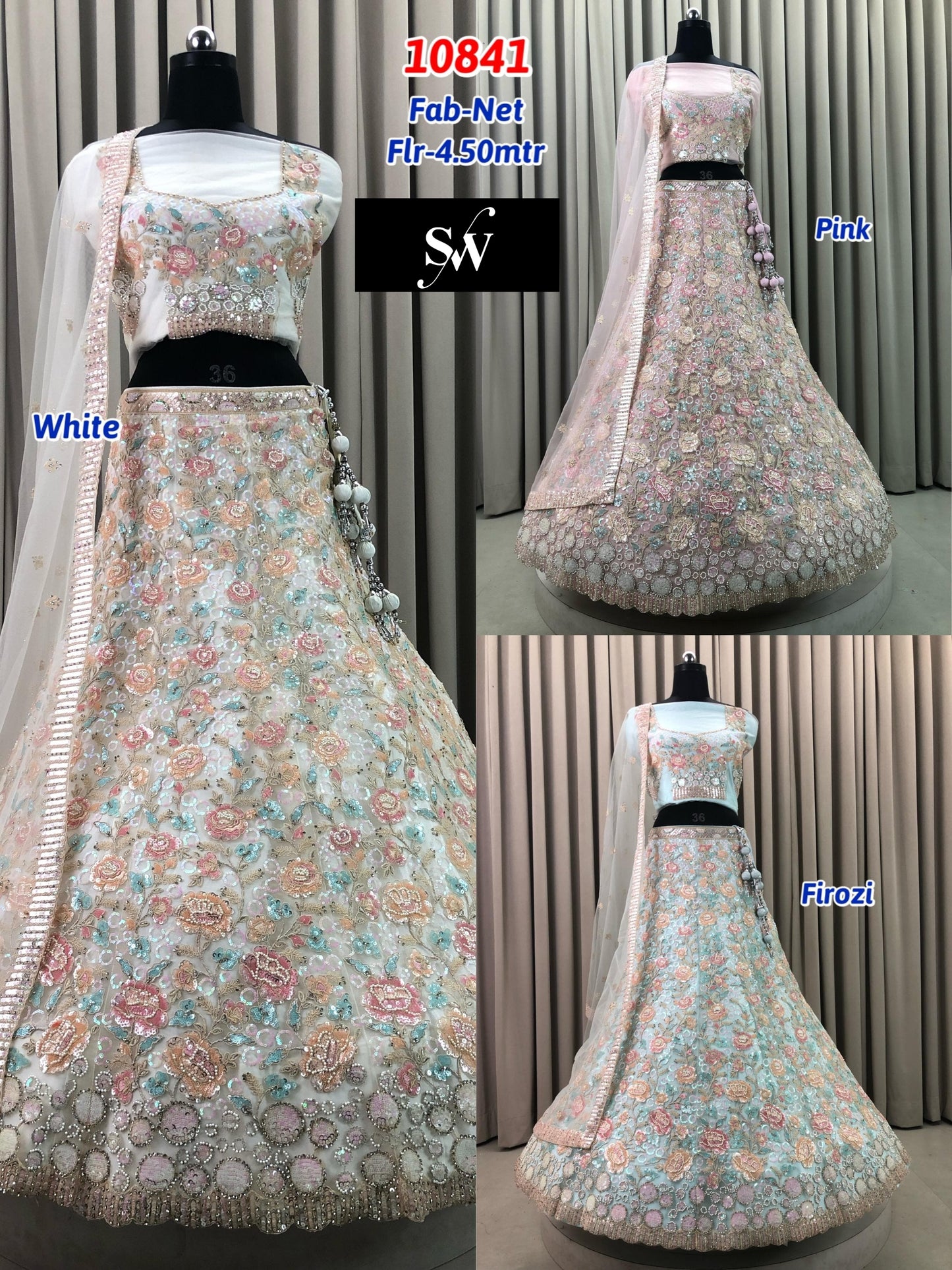 Pink White Firozi Blue Net Lehenga
