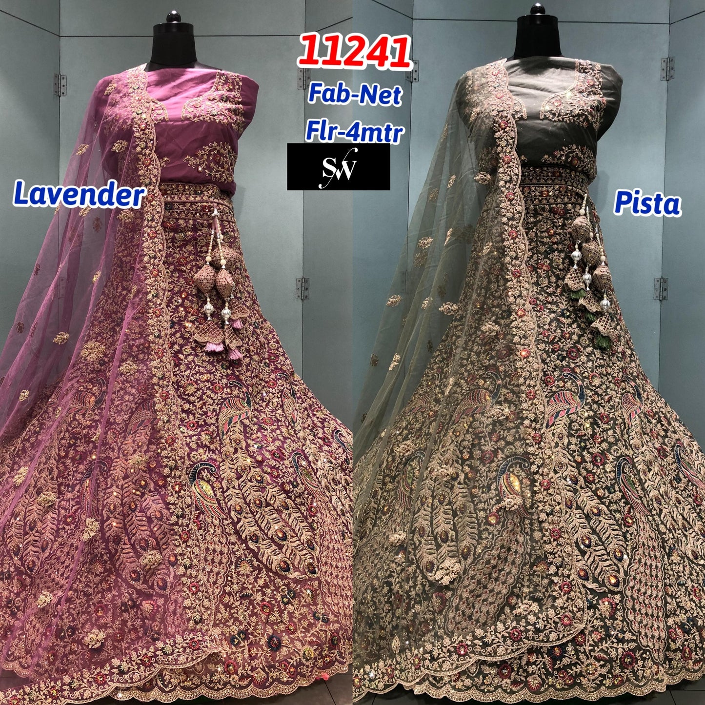 Lavender Pista Green Net Lehenga