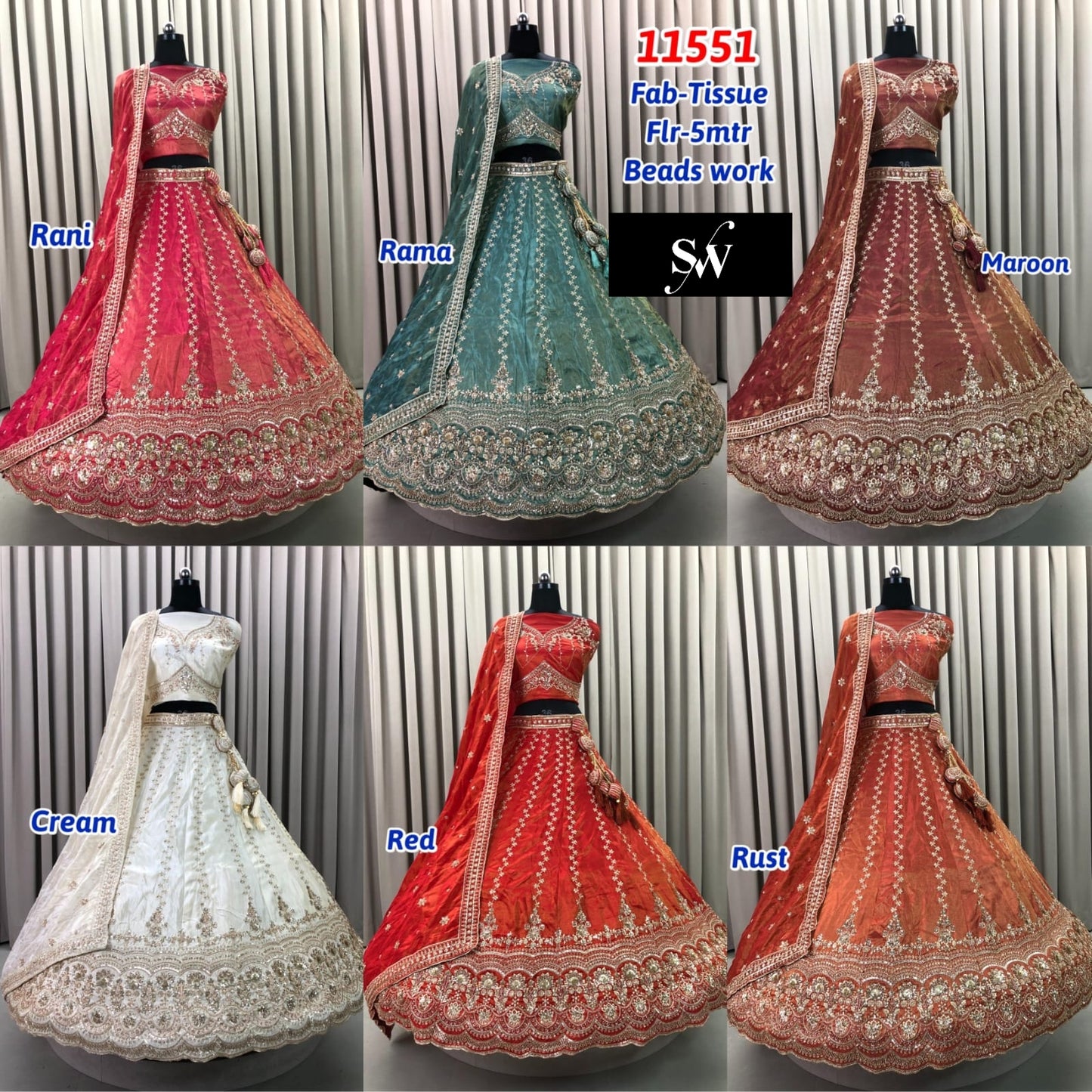 Rama Green Rani Pink Maroon Cream White Red Rust Orange Tissue Lehenga