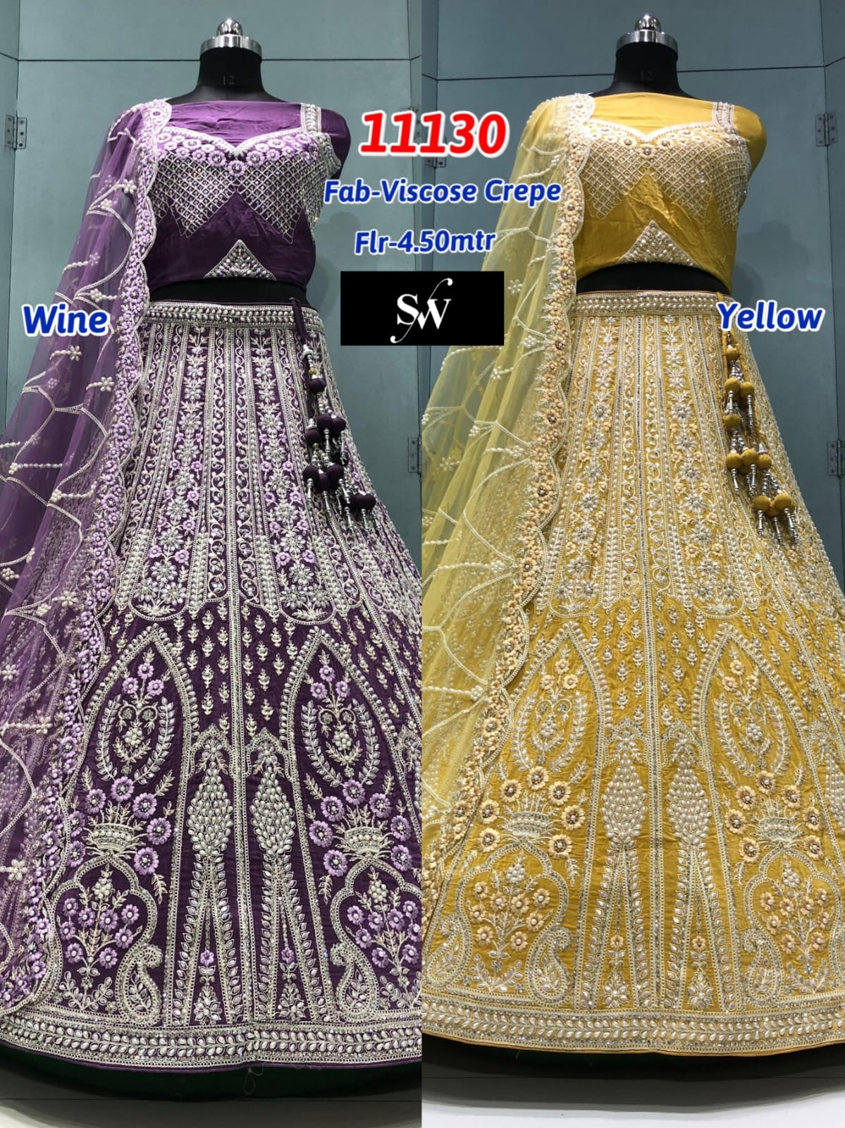 Wine Yellow Haldi Mehendi Viscose Crepe Lehenga
