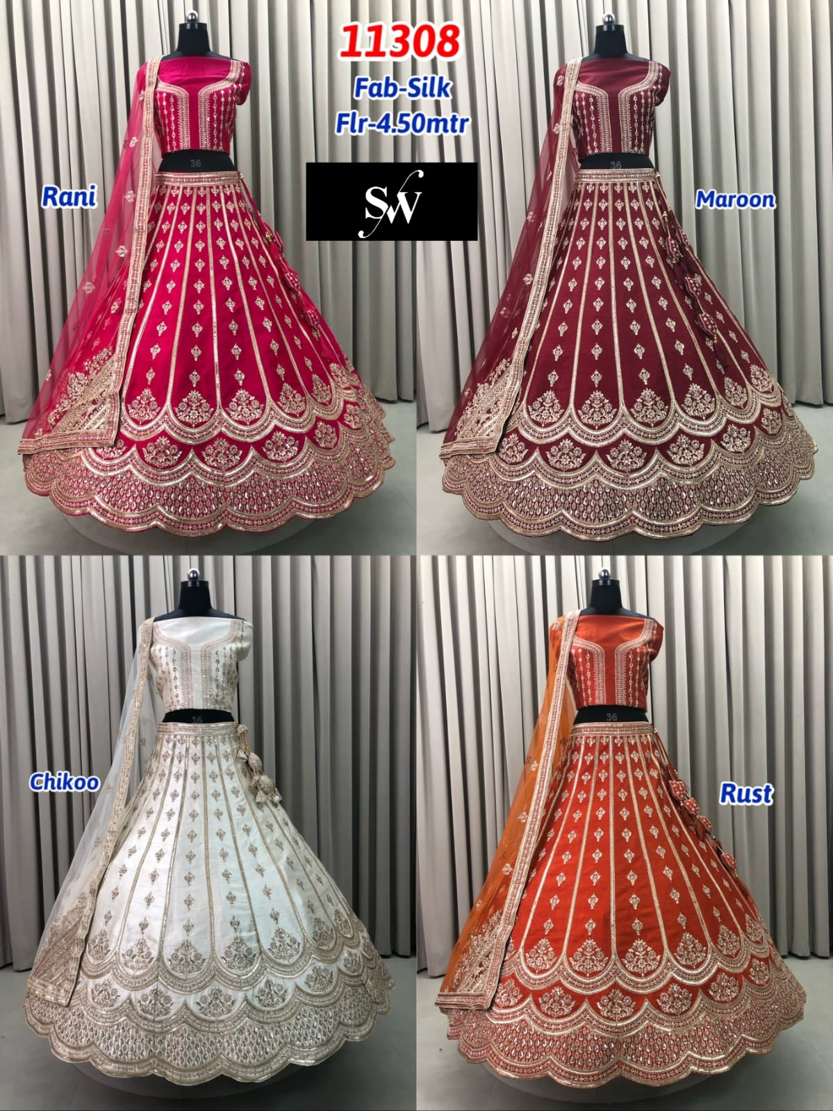 Rani Pink Maroon Chiku Golden Rust orange Silk Lehenga