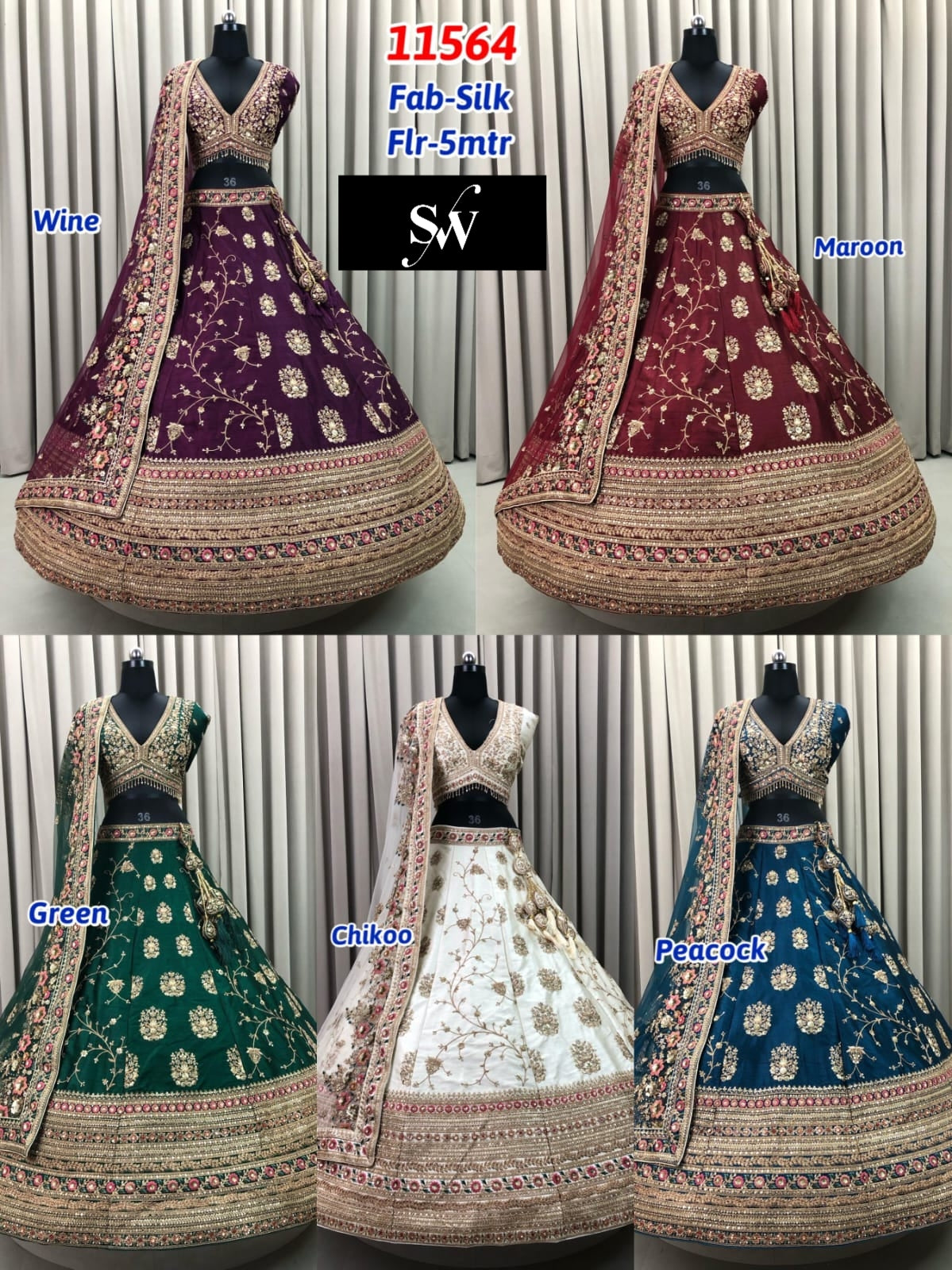 Wine Maroon Green Chiku Golden Peacock Silk Lehenga