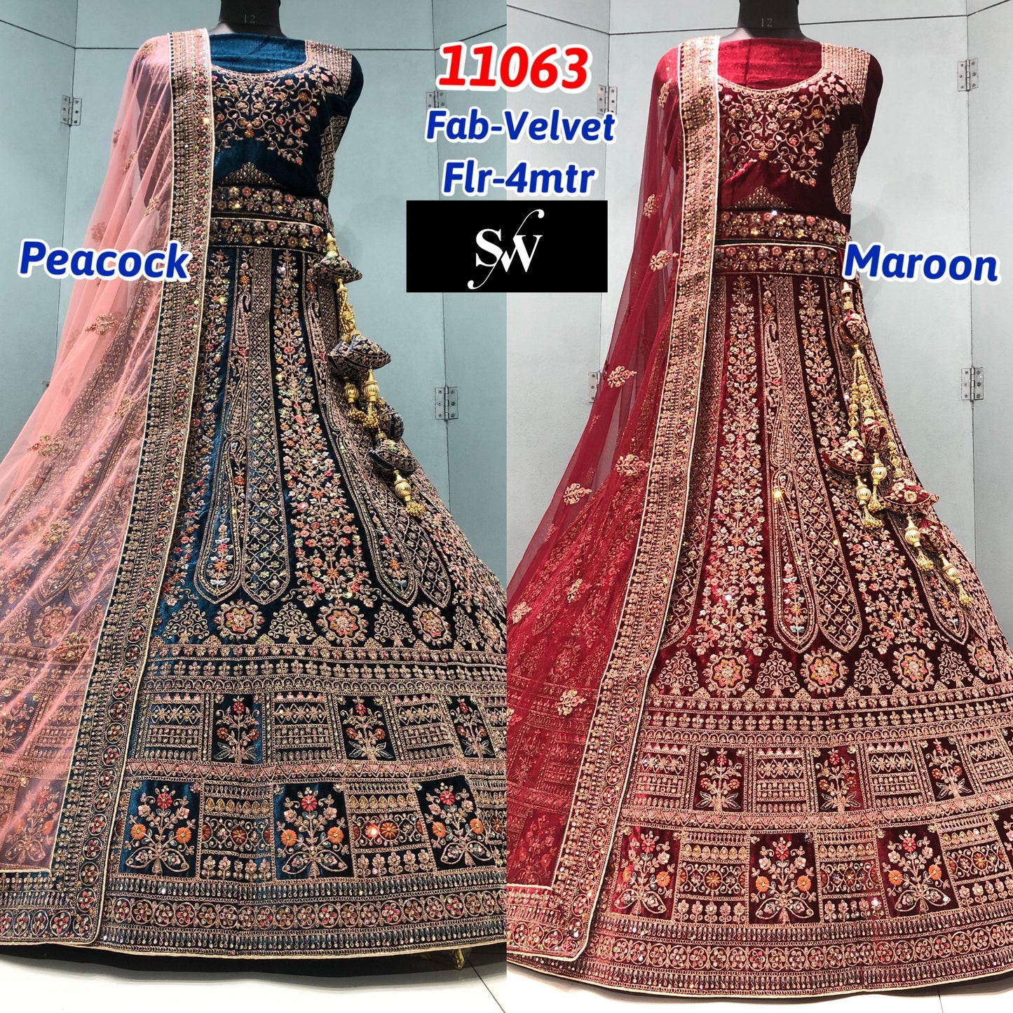 Maroon Blue Velvet Bridal Lehenga