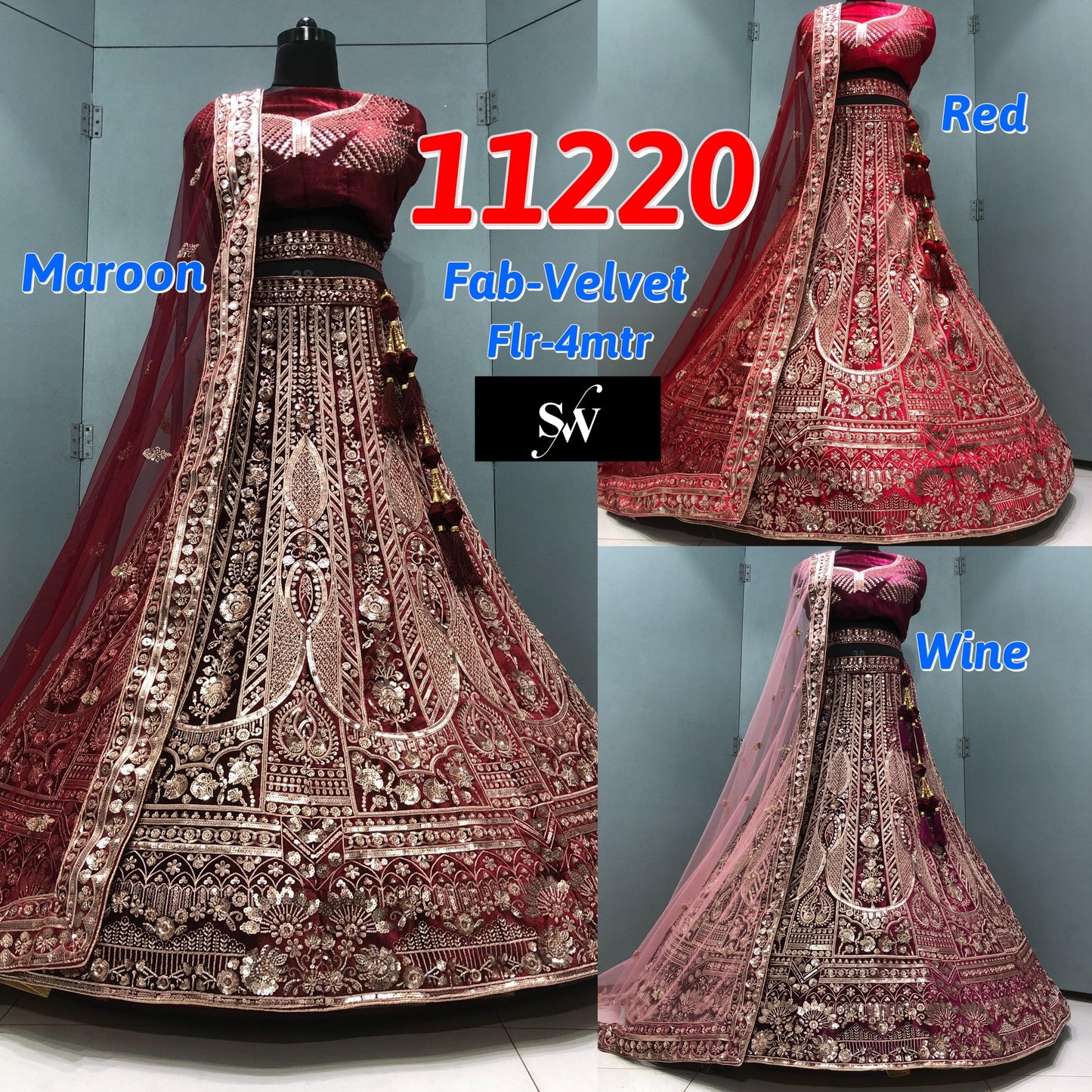 Maroon Red Wine Velvet Bridal Lehenga
