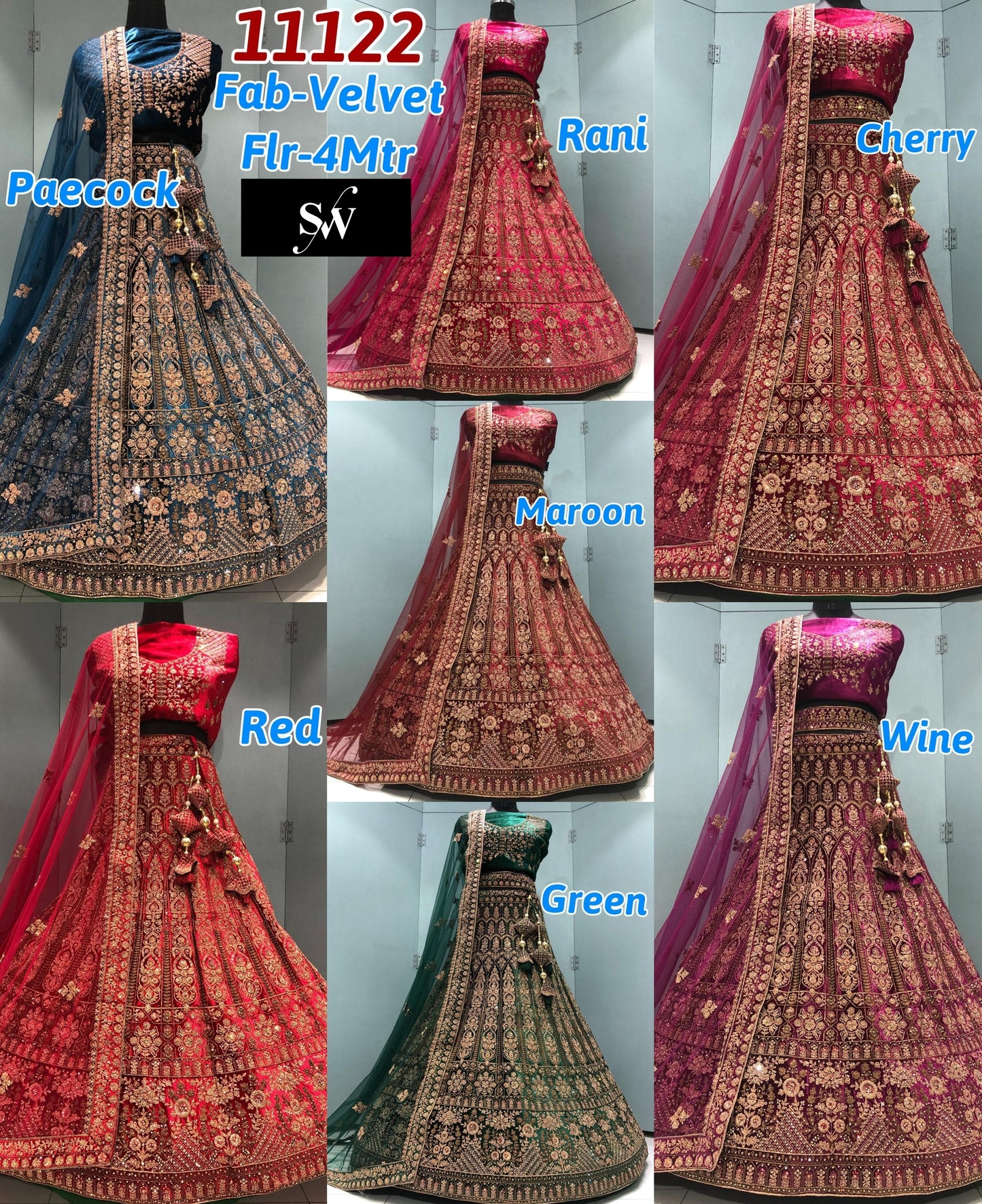 Blue Rani Pink Cherry Red Maroon Green Wine Velvet Bridal Lehenga