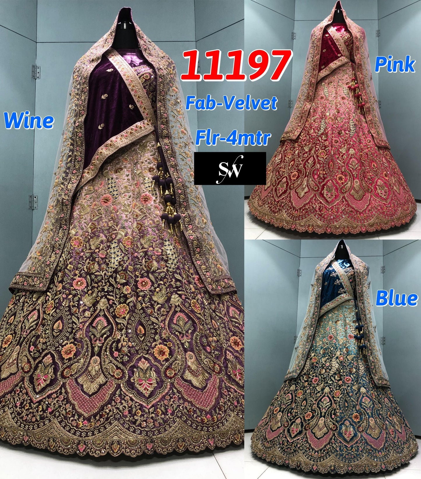 Wine Pink Blue Velvet Bridal Lehenga