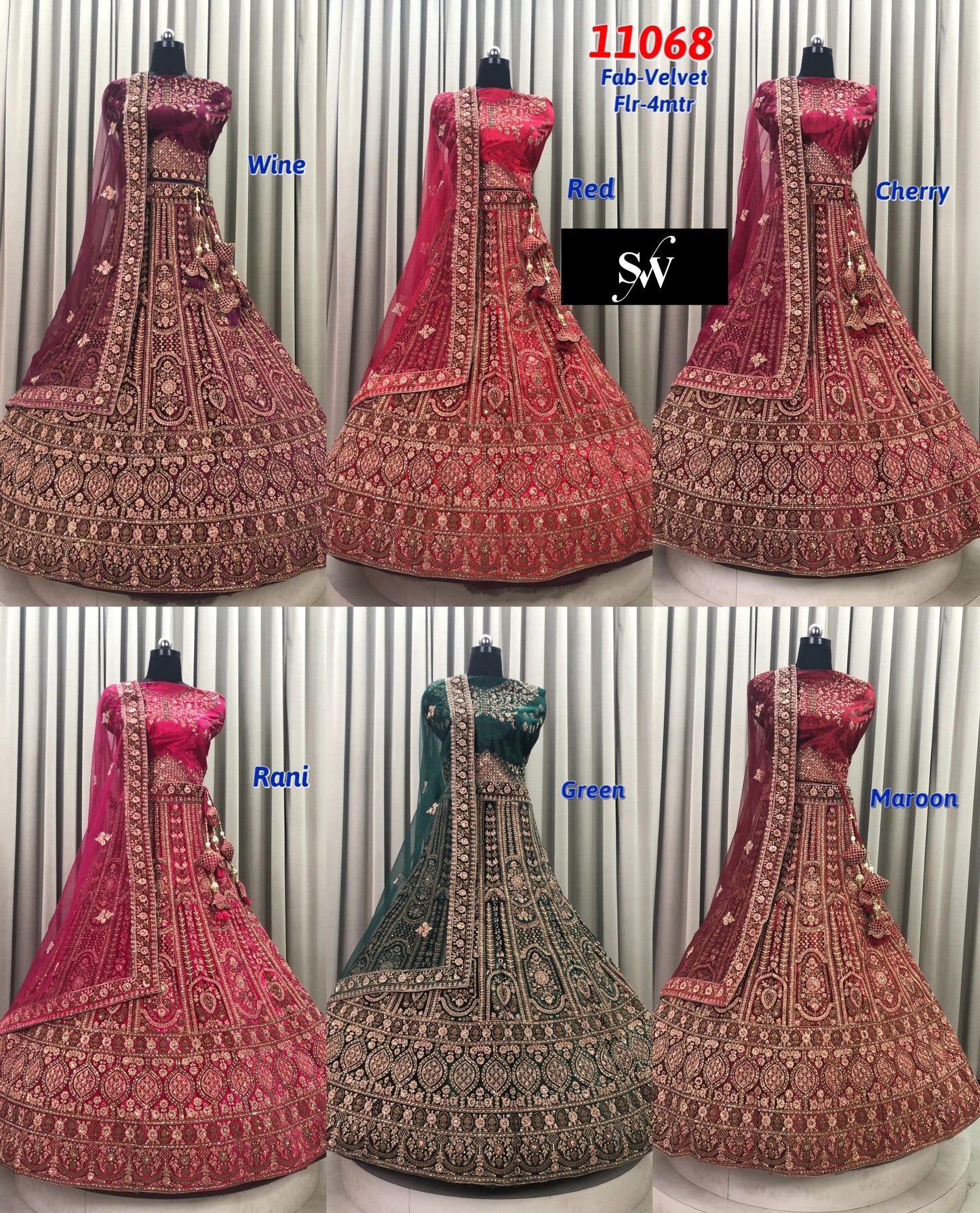 Wine Cherry Red Rani Pink Green Maroon Velvet Bridal Lehenga