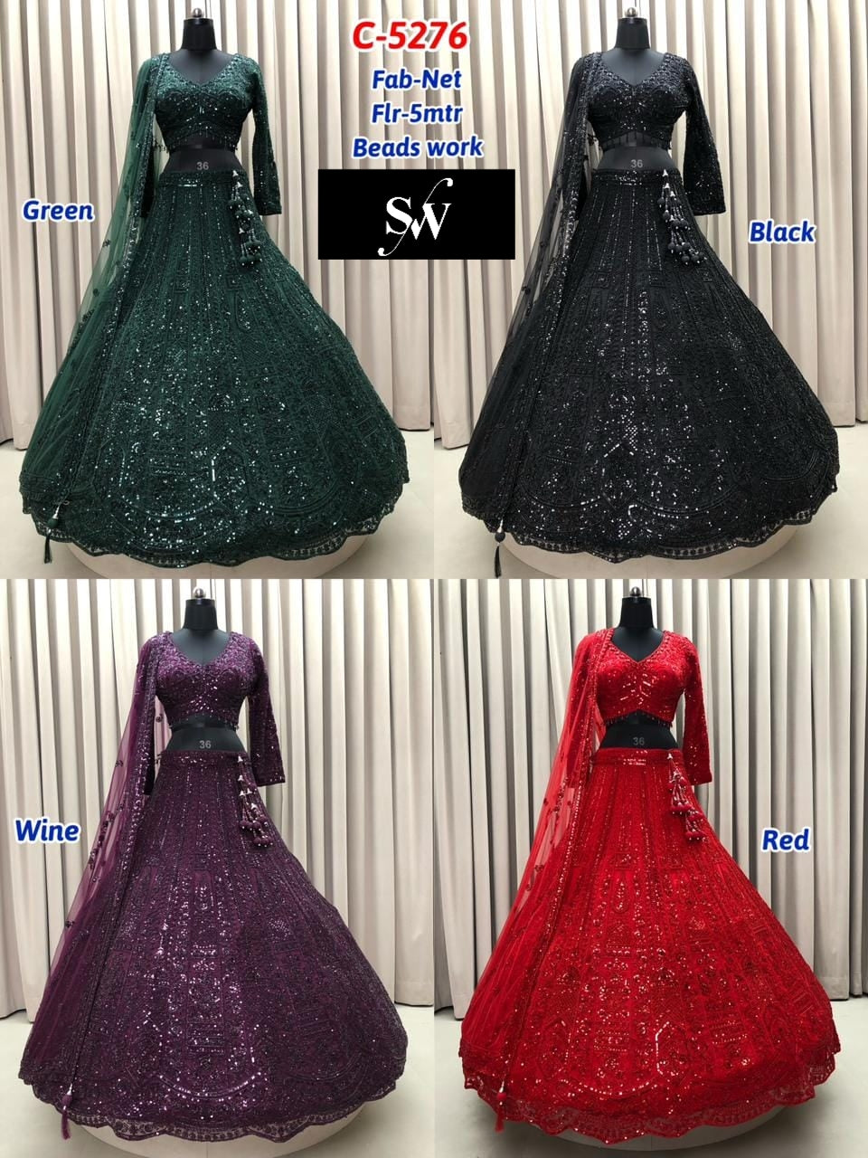 Green Black Wine Red Net Lehenga