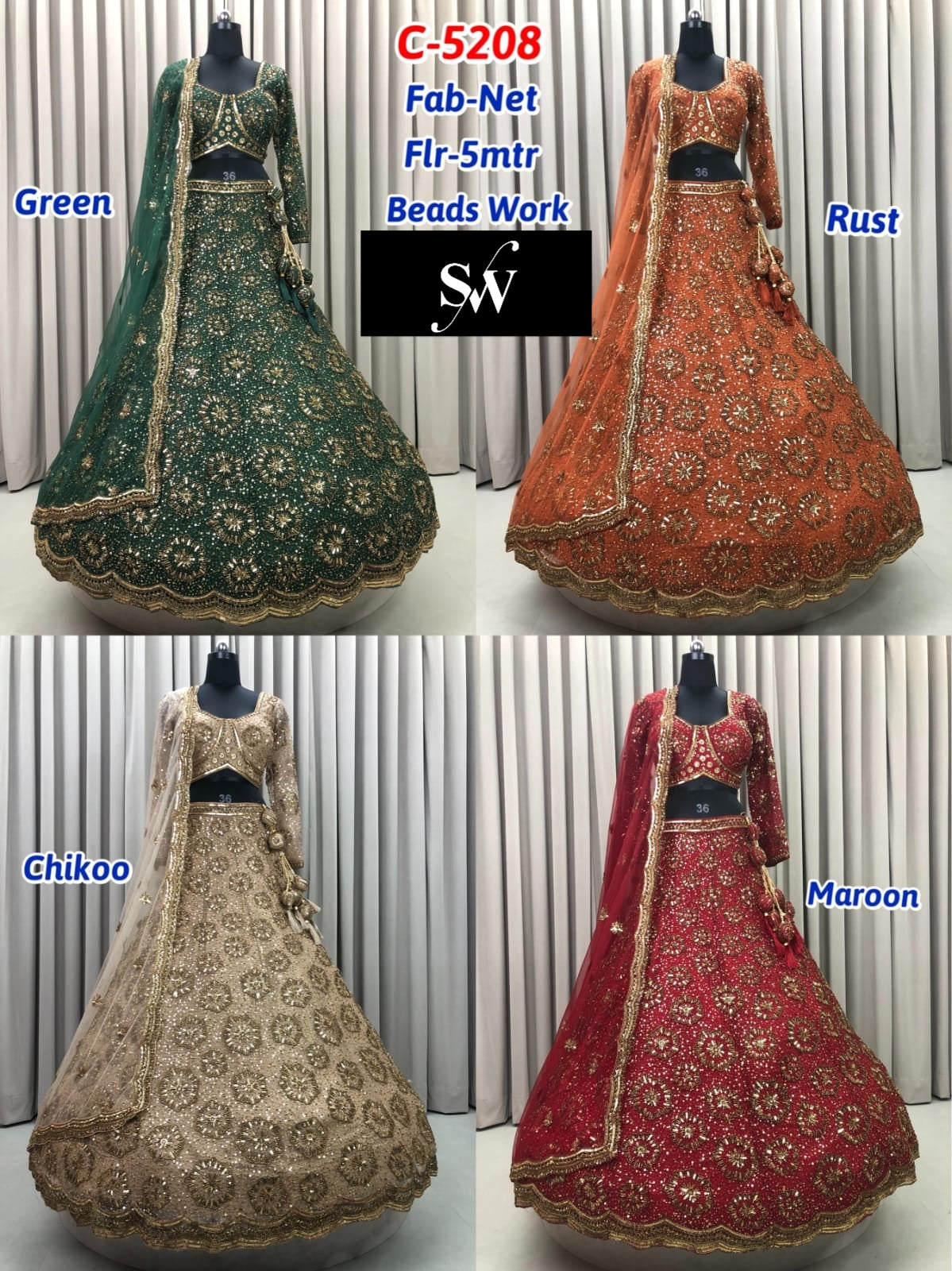 Green Rust Orange Chiku Golden Maroon Net Lehenga