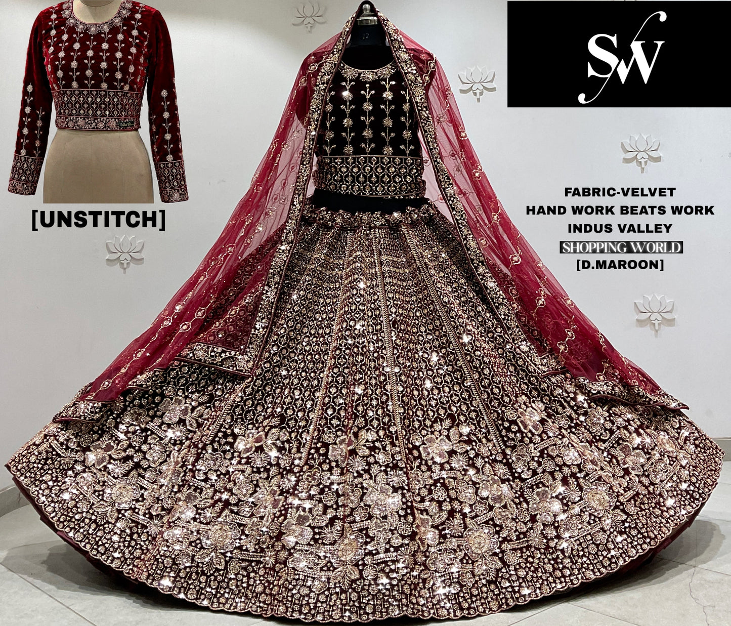 Light Maroon Velvet Bridal Lehenga