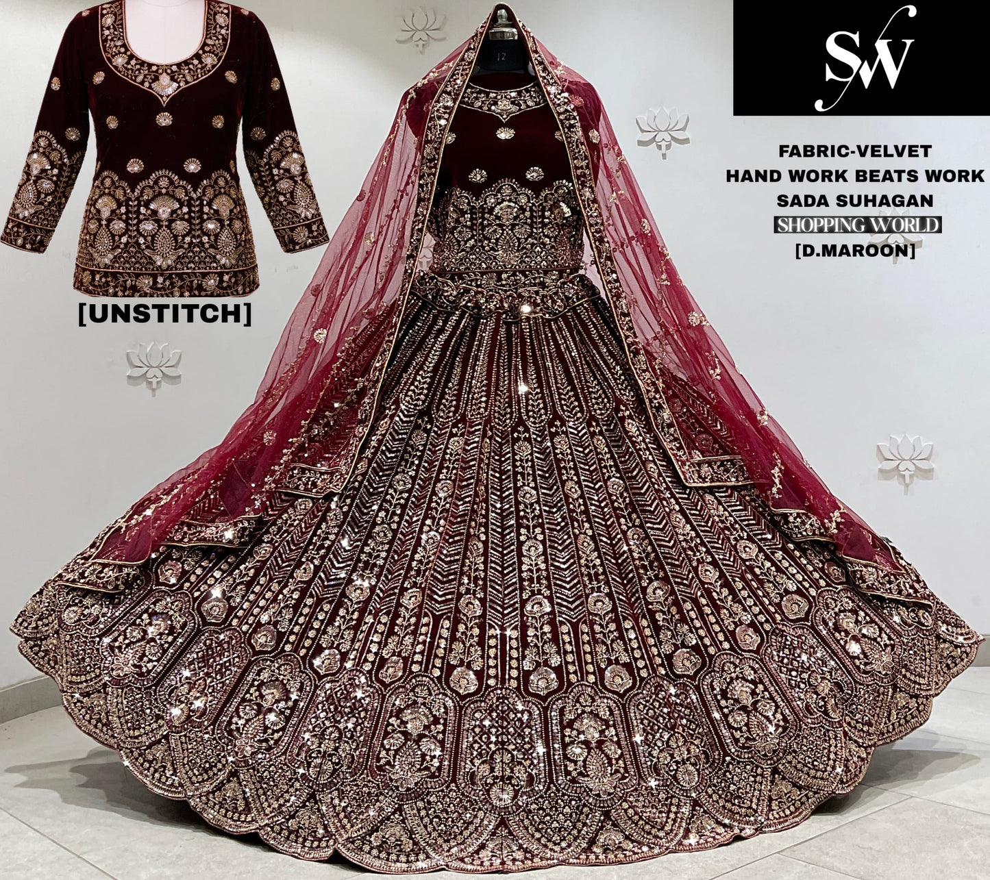 Dark Maroon Velvet Bridal Lehenga