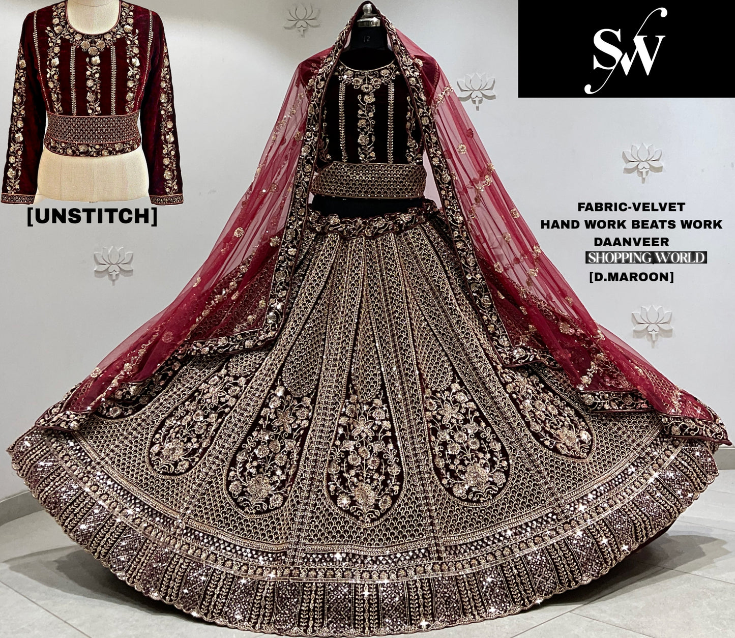 Light Maroon Velvet Bridal Lehenga
