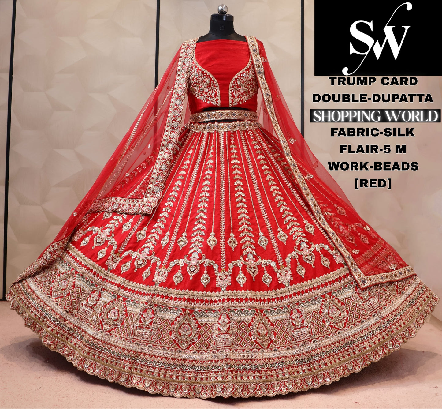 Rasbari cherry red double dupatta bridal Lehenga