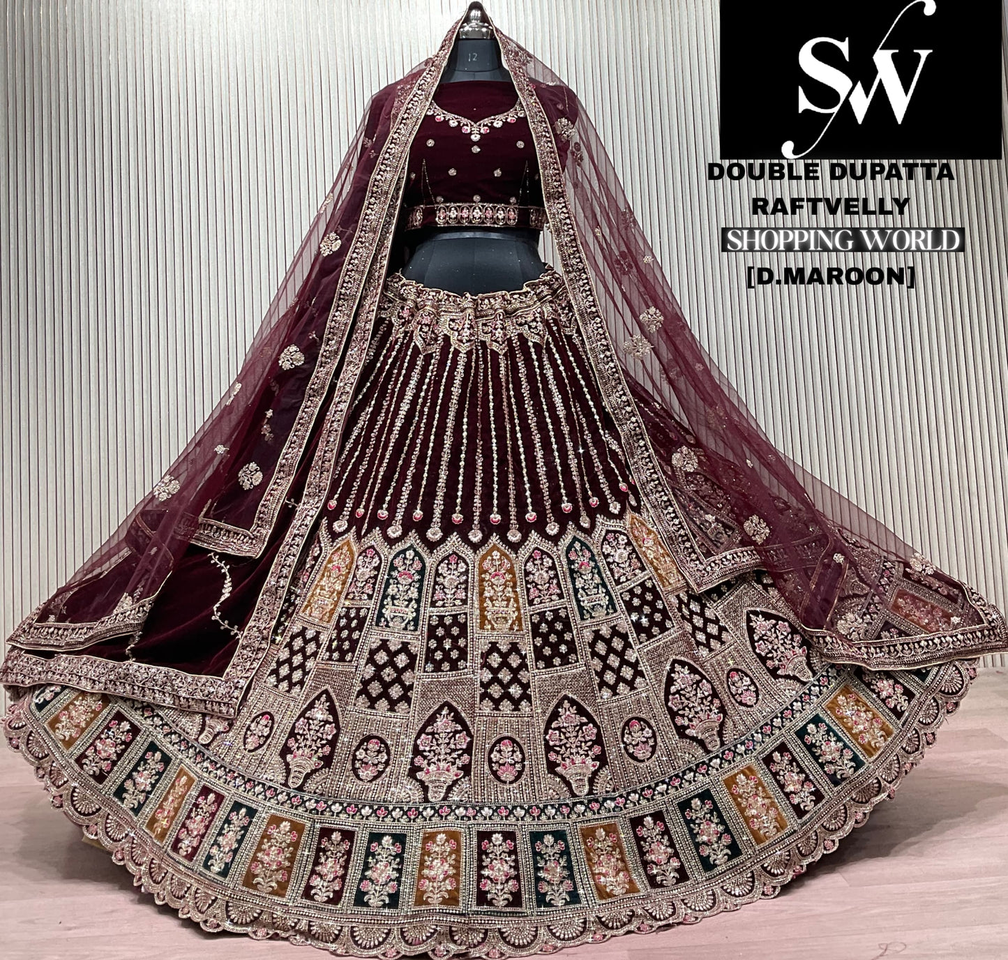 L.maroon double dupatta bridal Lehenga