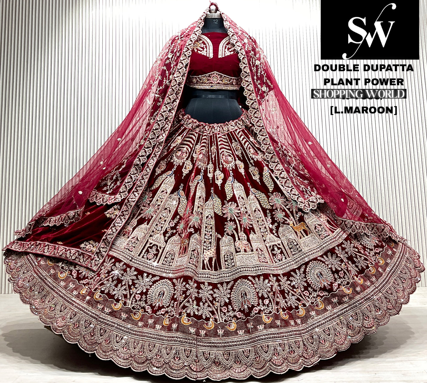 M.daroon double dupatta bridal Lehenga