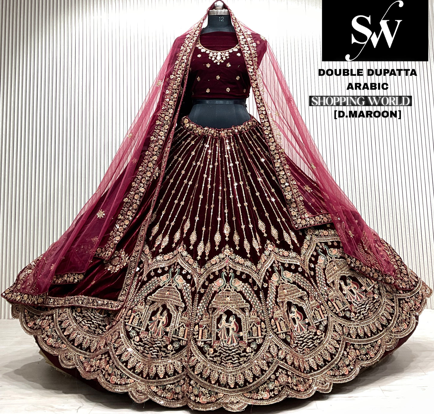 L.maroon double dupatta bridal Lehenga