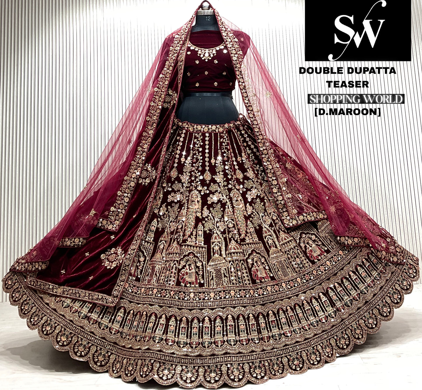 L.maroon double dupatta bridal Lehenga
