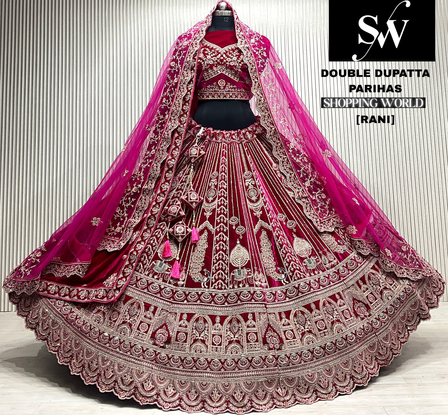 L.maroon double dupatta bridal Lehenga