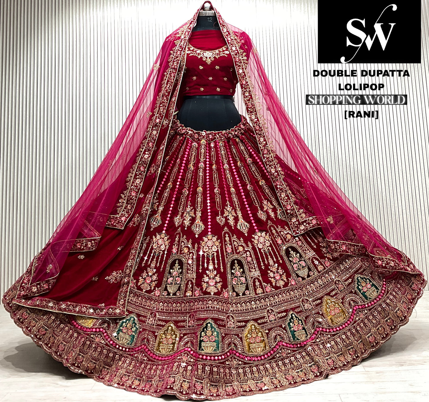 D.maroon double dupatta bridal Lehenga