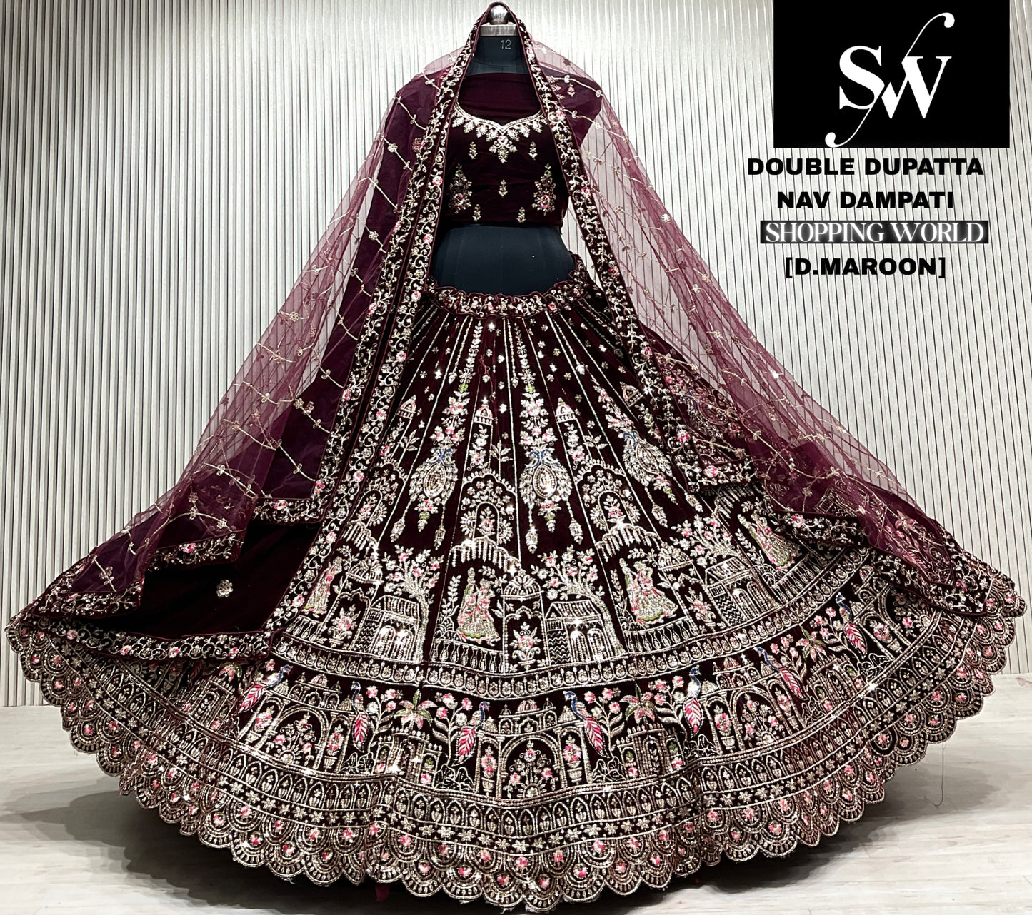 Rani pink double dupatta bridal Lehenga