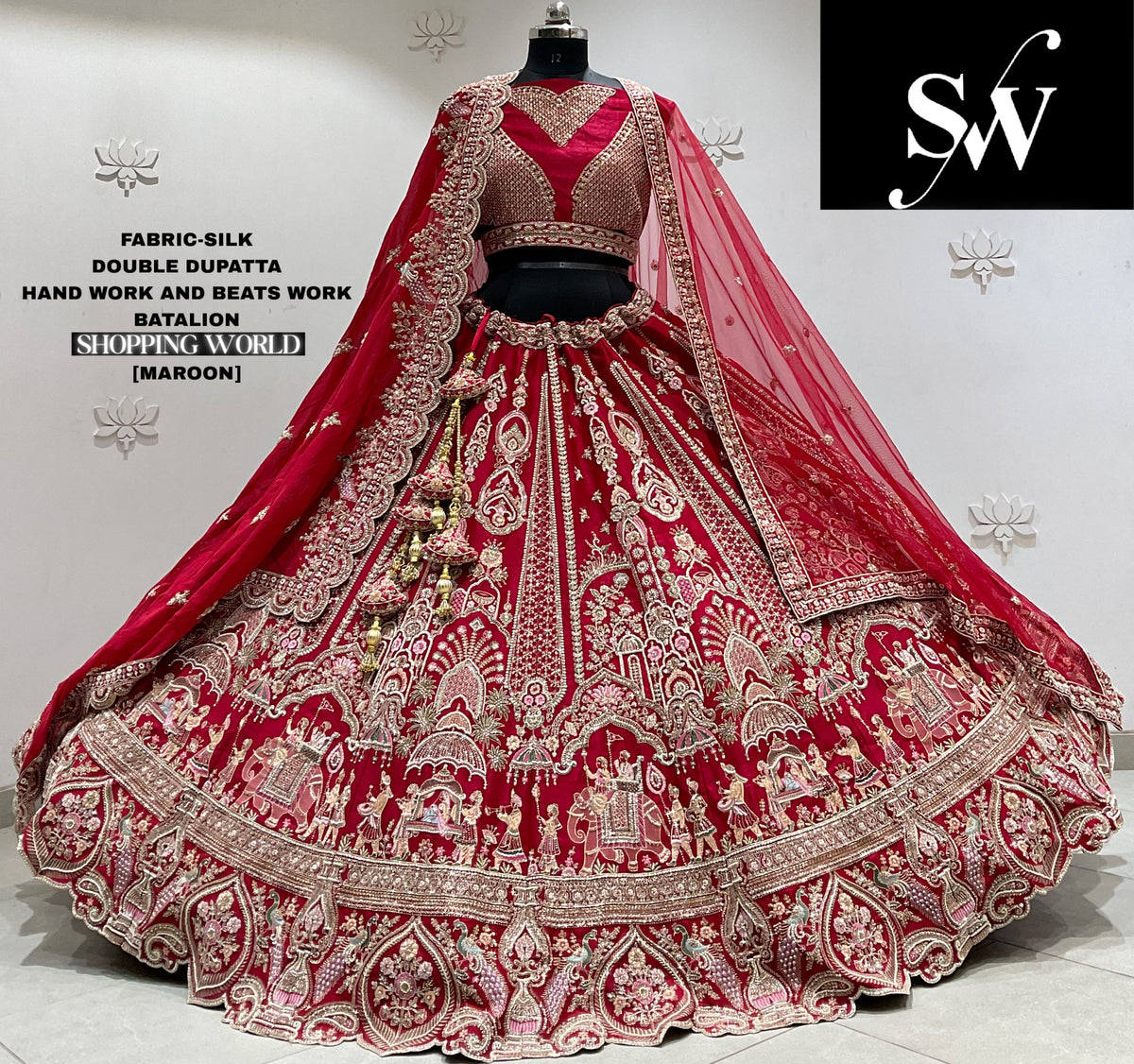 Red silk double dupatta Lehenga