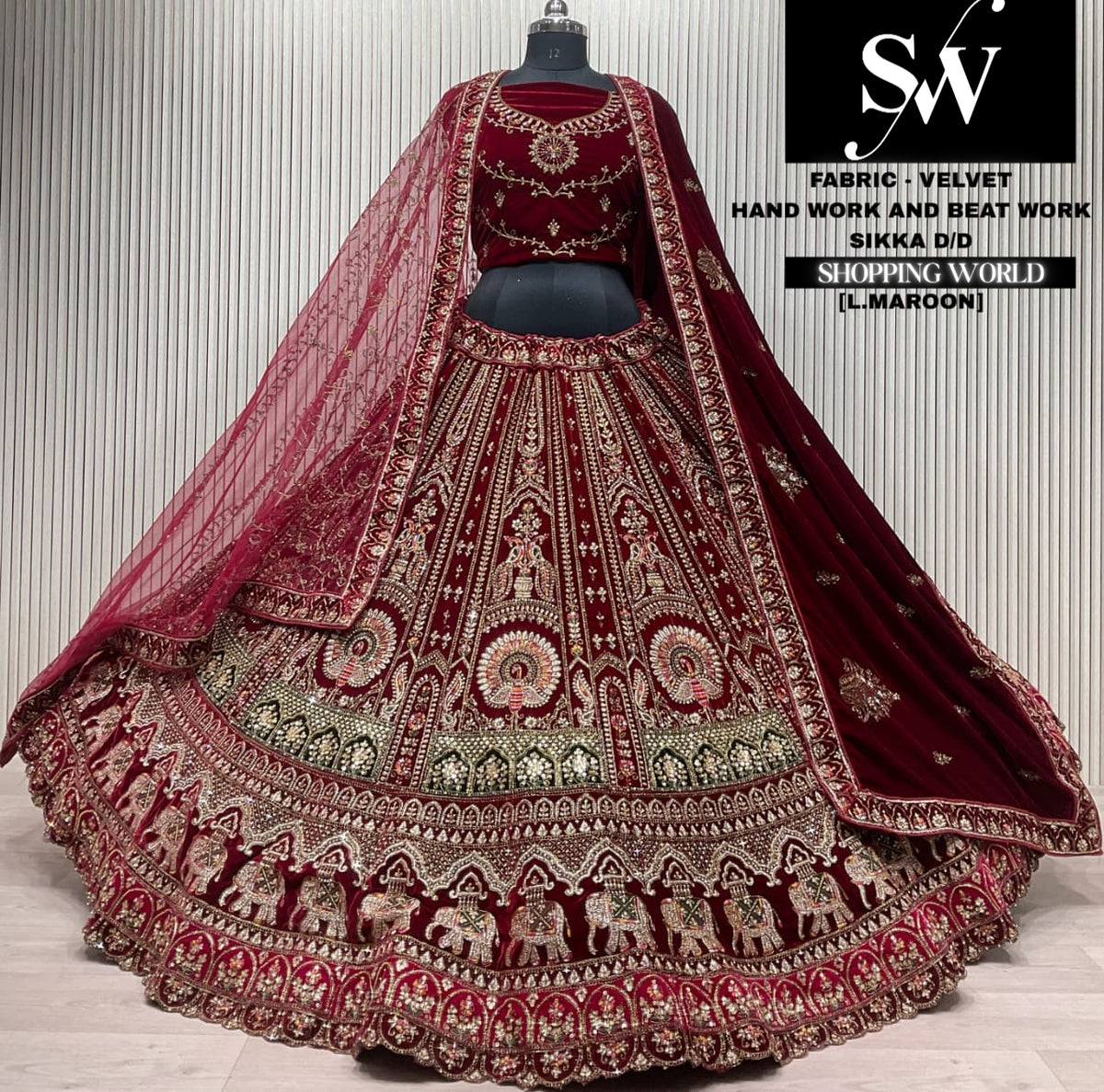 L.marron velvet double dupatta Lehenga