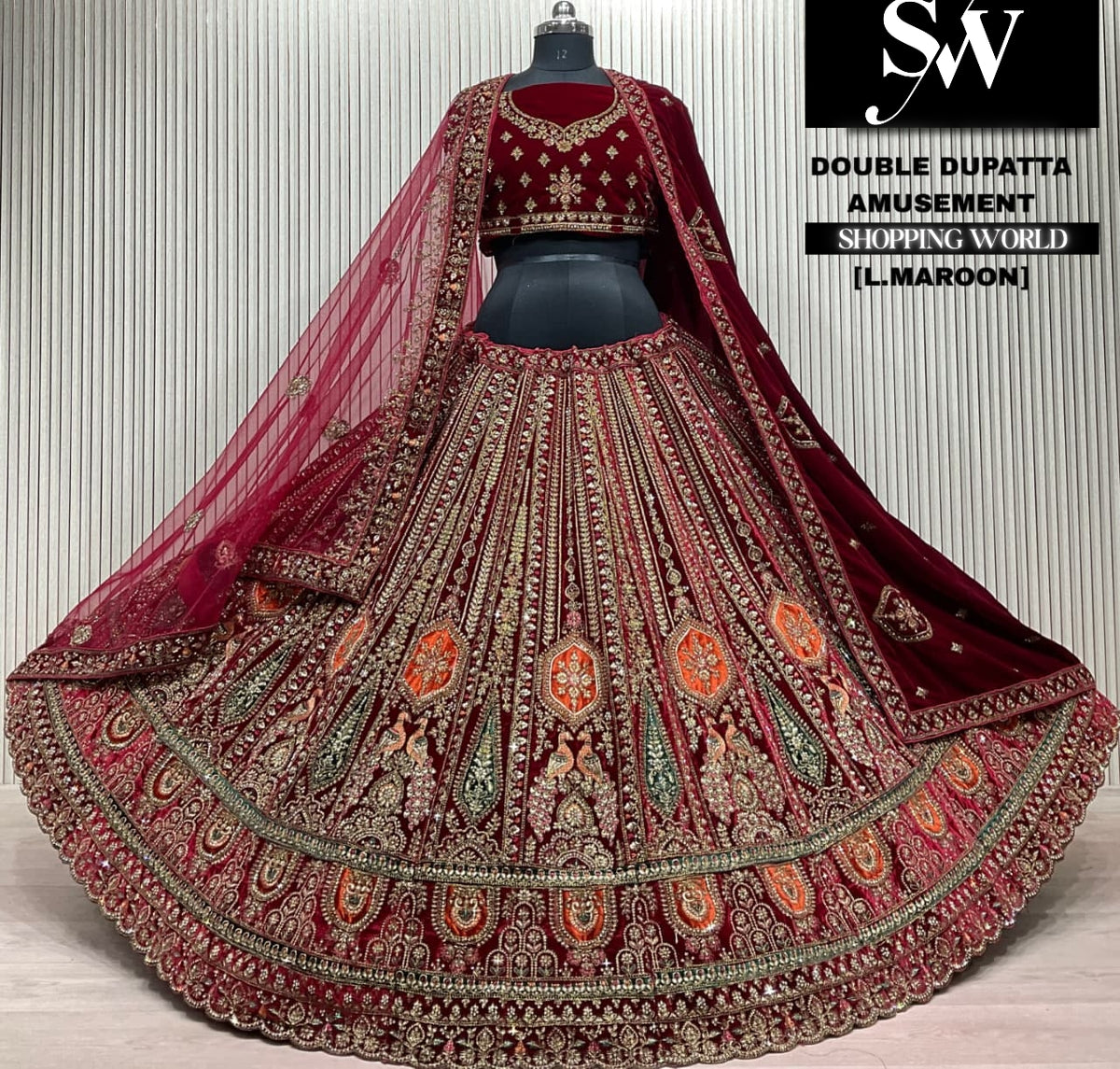 L.marron velvet double dupatta Lehenga