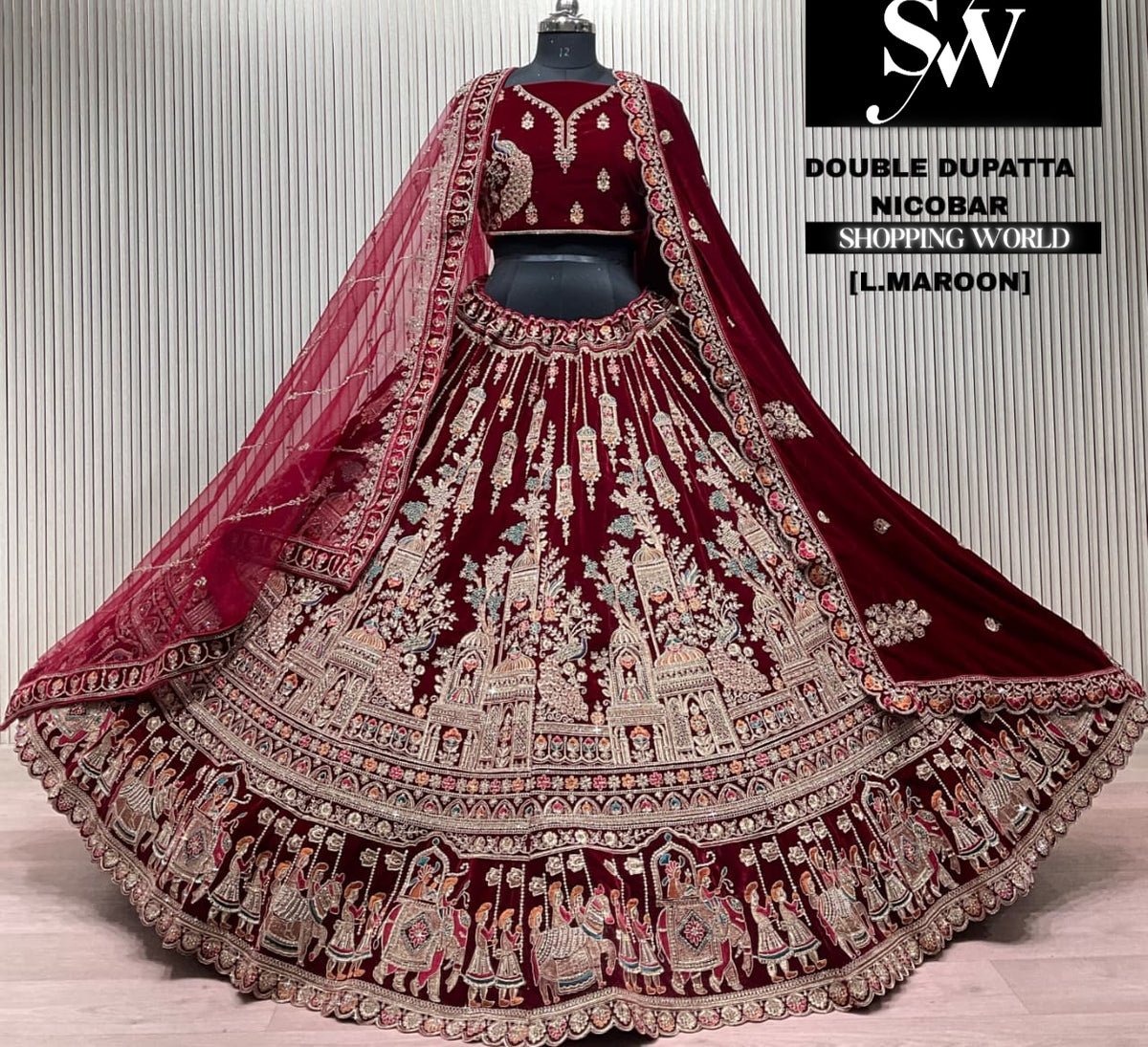 L.marron velvet double dupatta Lehenga