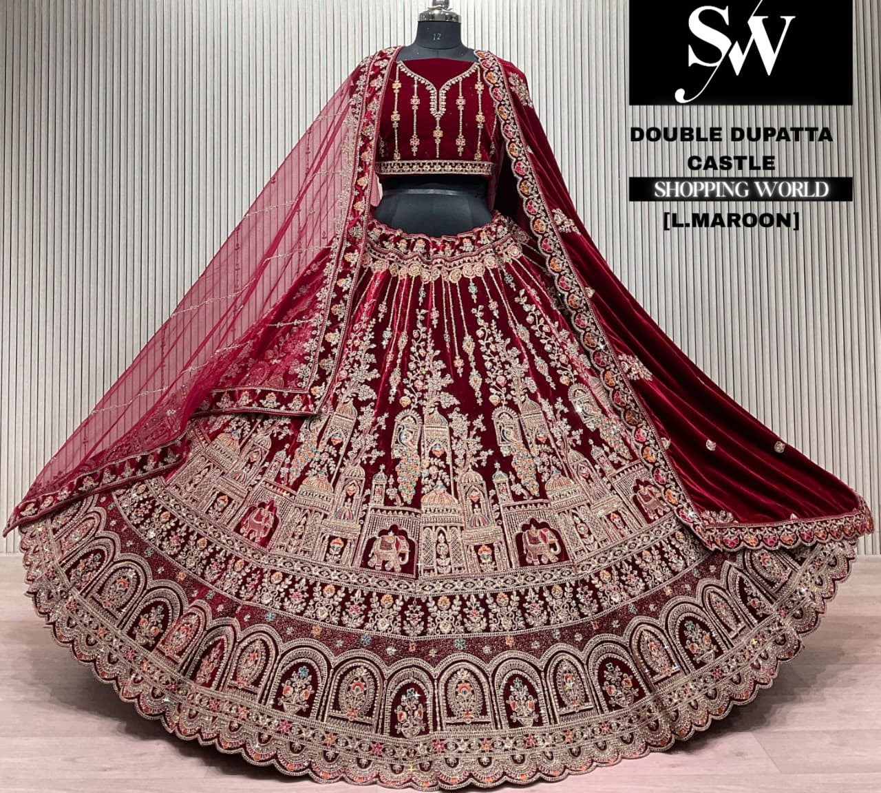 L.marron velvet double dupatta Lehenga