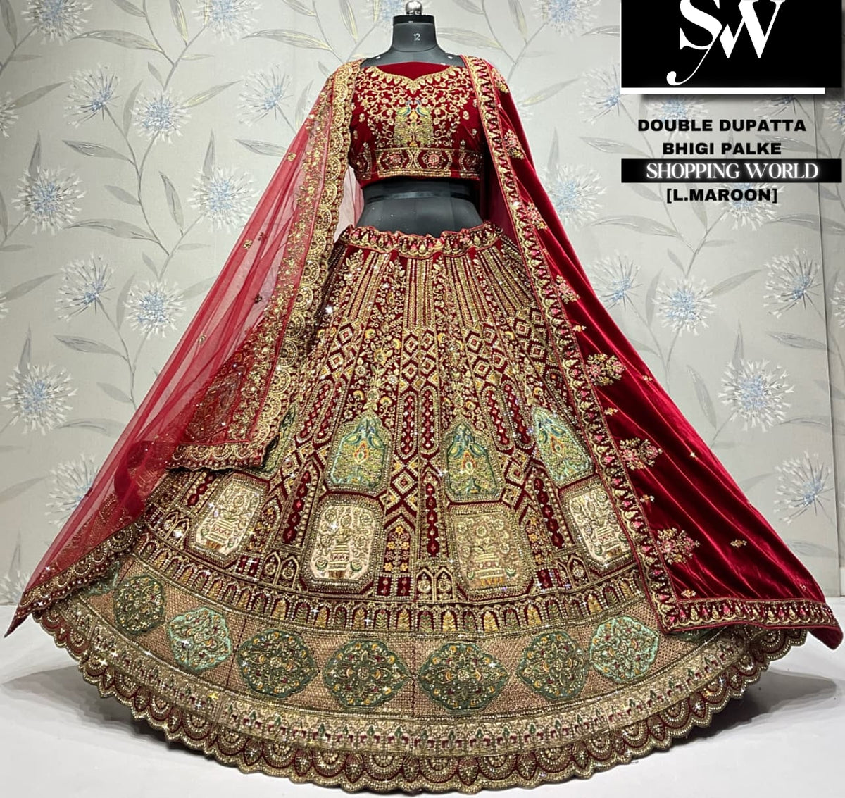 L.marron velvet double dupatta Lehenga