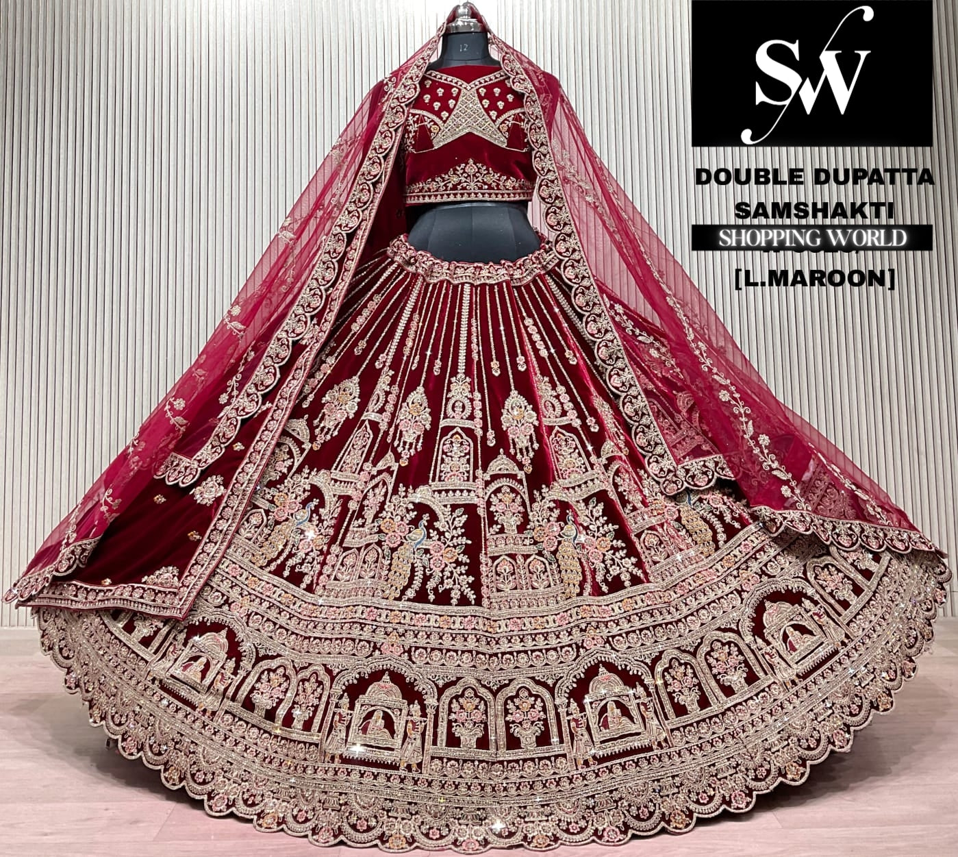 L.marron velvet double dupatta Lehenga
