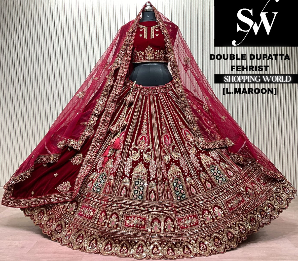 L.marron velvet double dupatta Lehenga