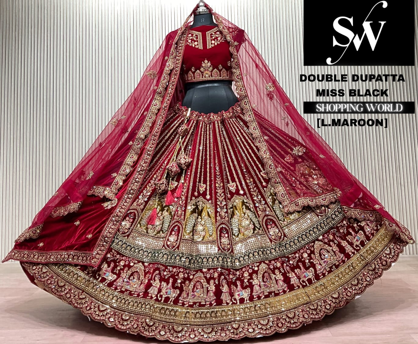 L.marron velvet double dupatta Lehenga