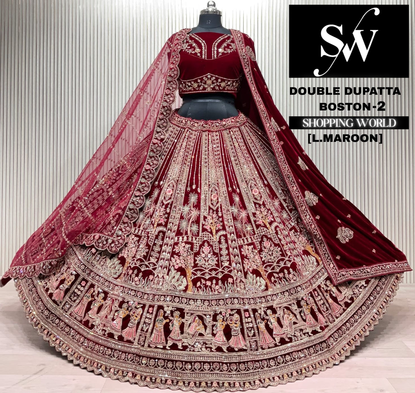 L.marron velvet double dupatta Lehenga