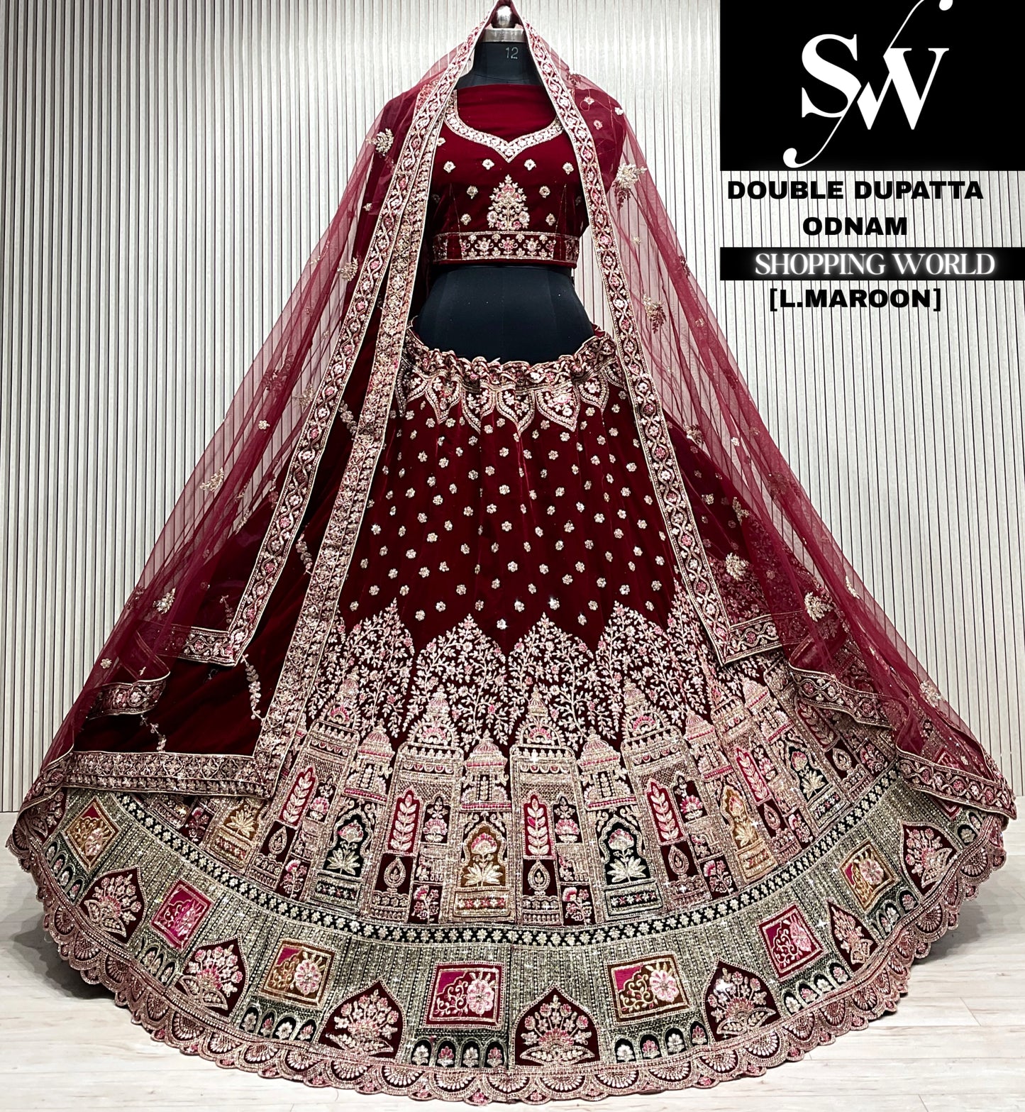D.maroon velvet double dupatta Lehenga