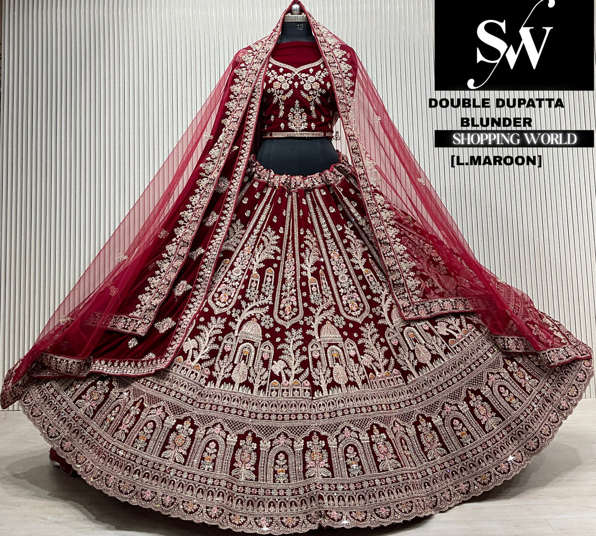 D.maroon velvet double dupatta Lehenga
