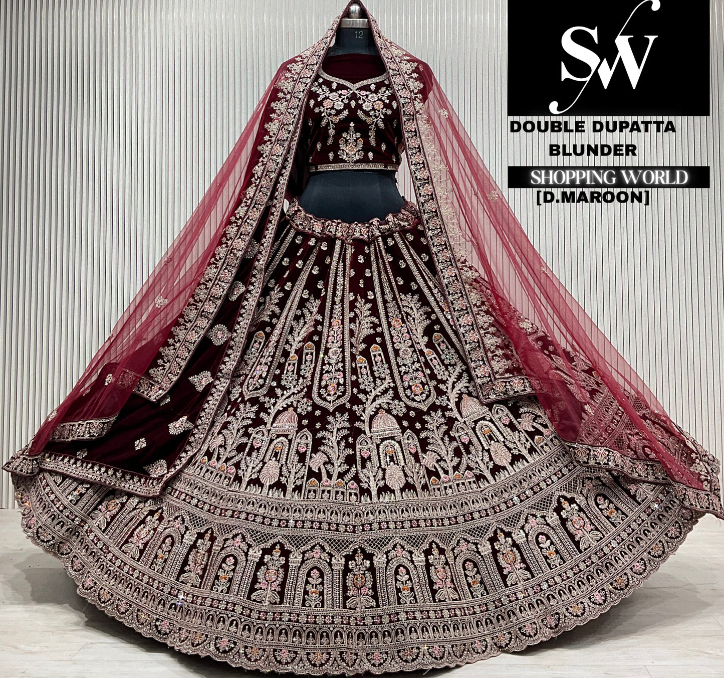 L.maroon velvet double dupatta Lehenga