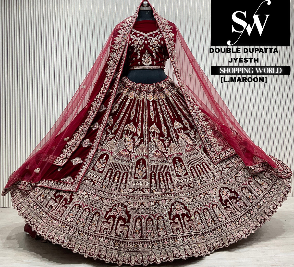 D.maroon velvet double dupatta Lehenga