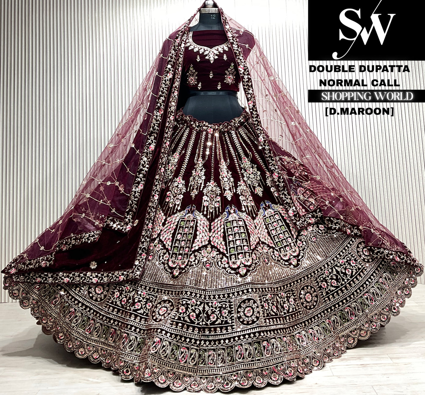 L.maroon velvet double dupatta Lehenga