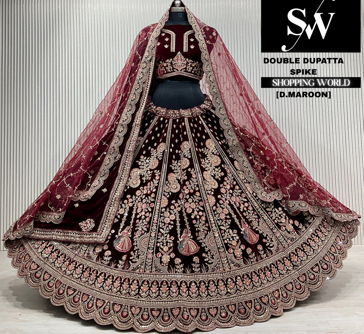 L.maroon velvet double dupatta Lehenga