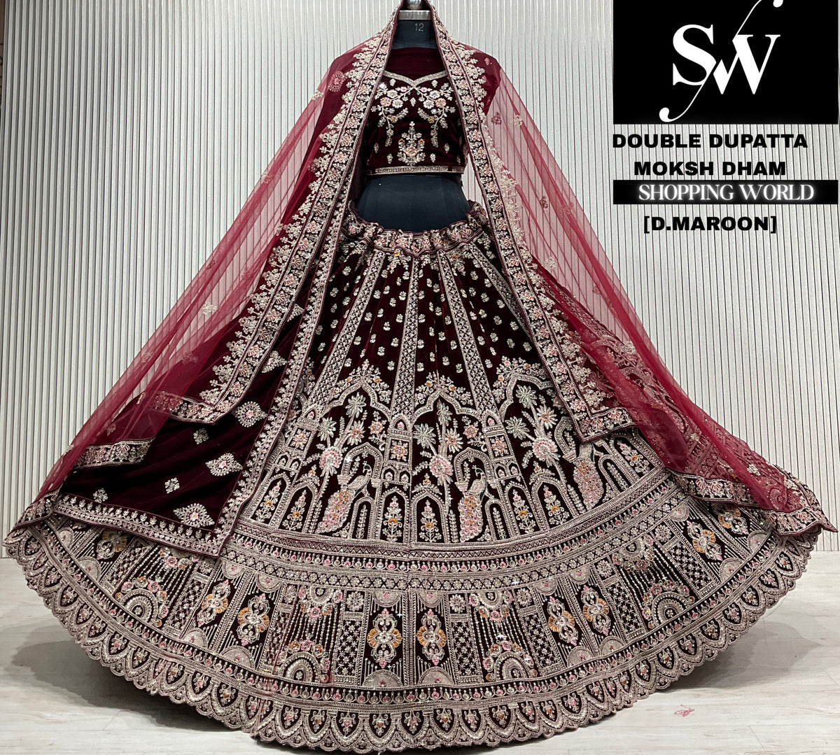 L.maroon velvet double dupatta Lehenga