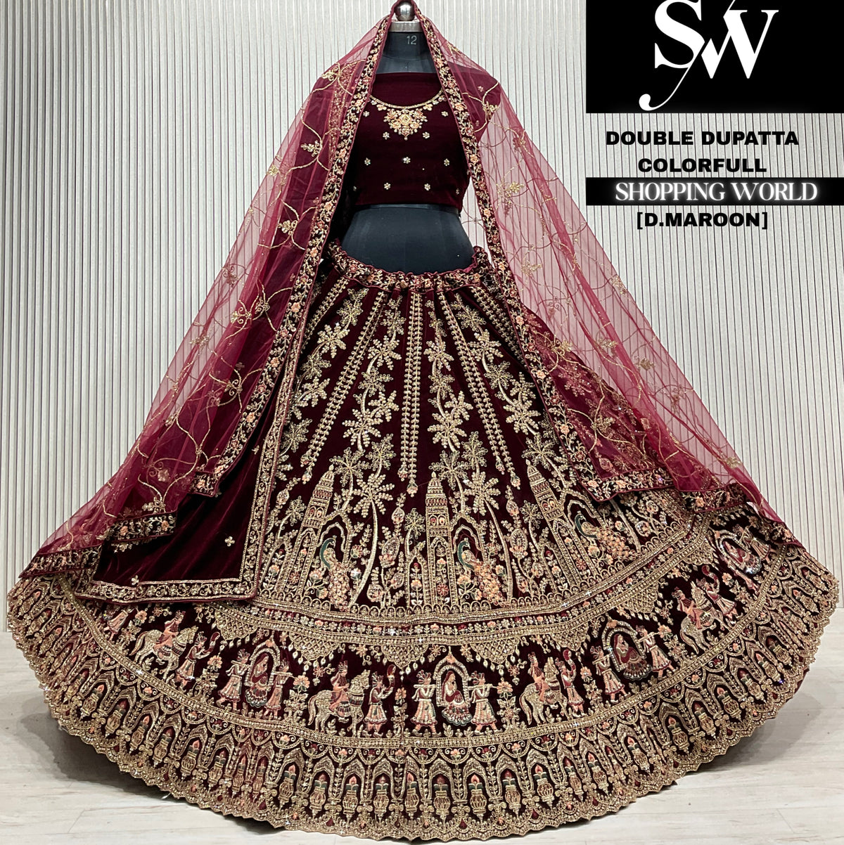 Rani pink velvet double dupatta Lehenga