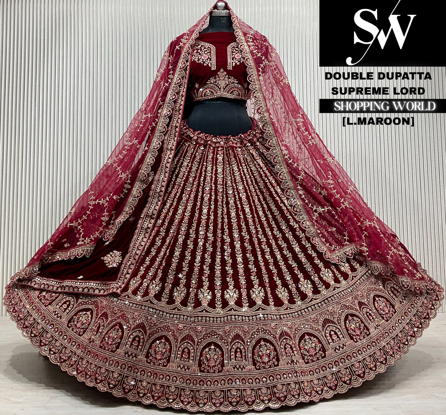 D.maroon velvet double dupatta Lehenga
