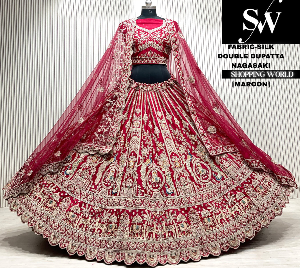 Red velvet double dupatta Lehenga