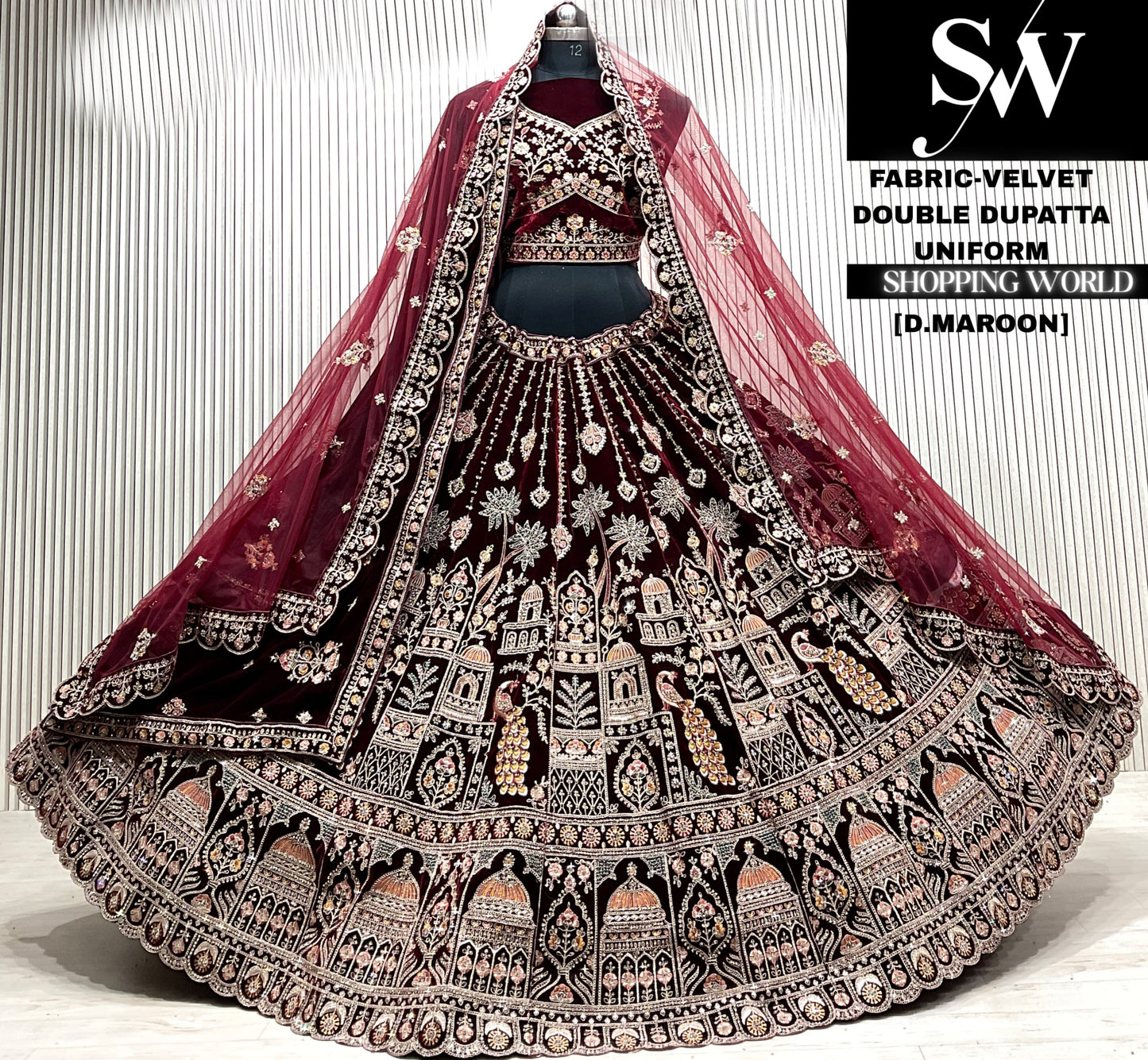 L.maroon velvet double dupatta Lehenga