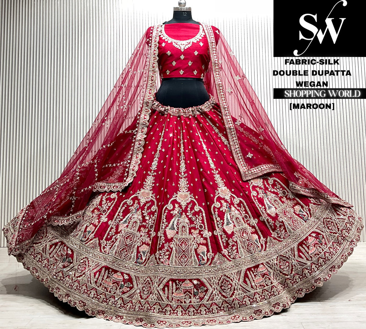 Maroon silk double dupatta Lehenga