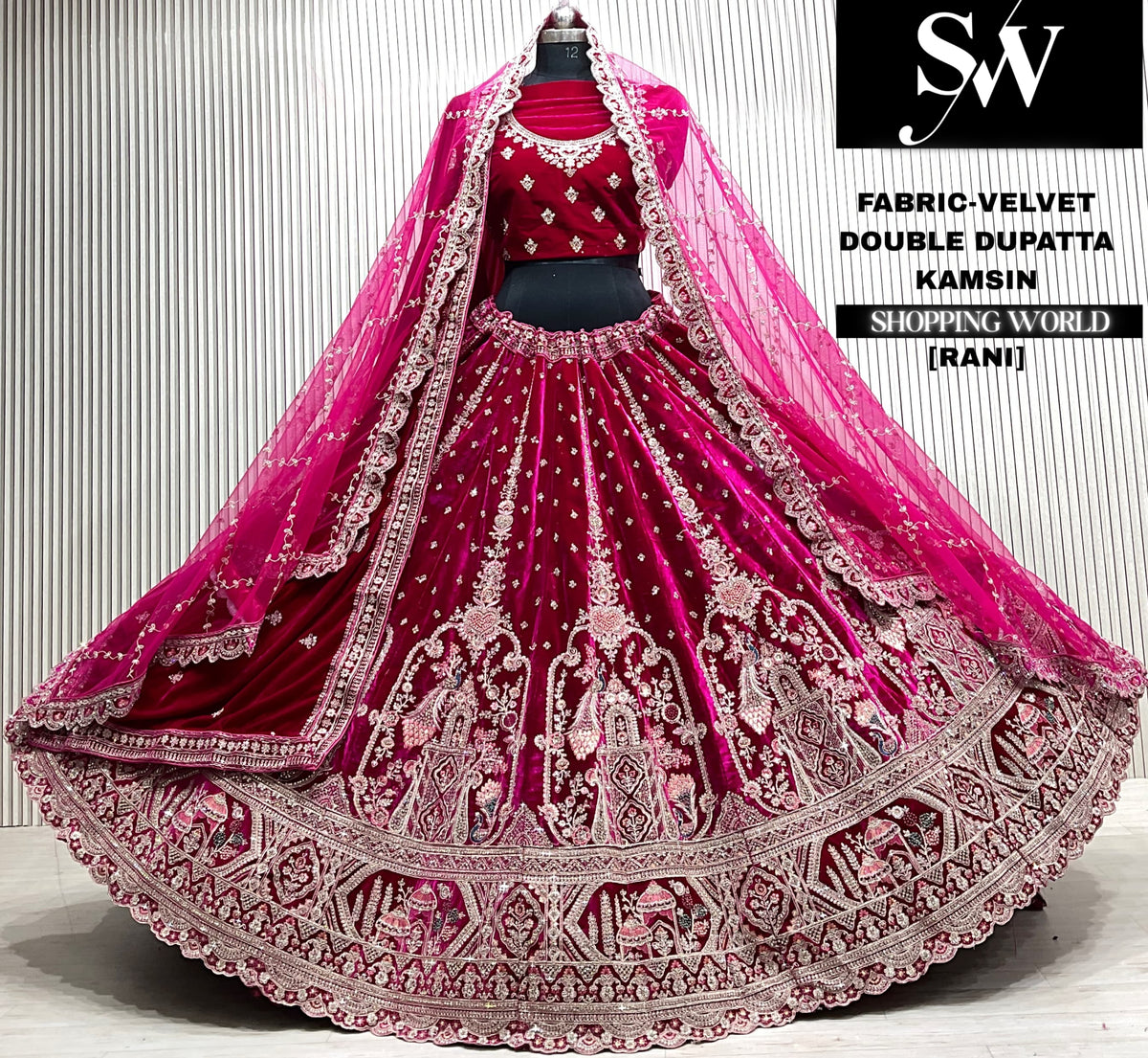 L.maroon velvet bridal double dupatta Lehenga